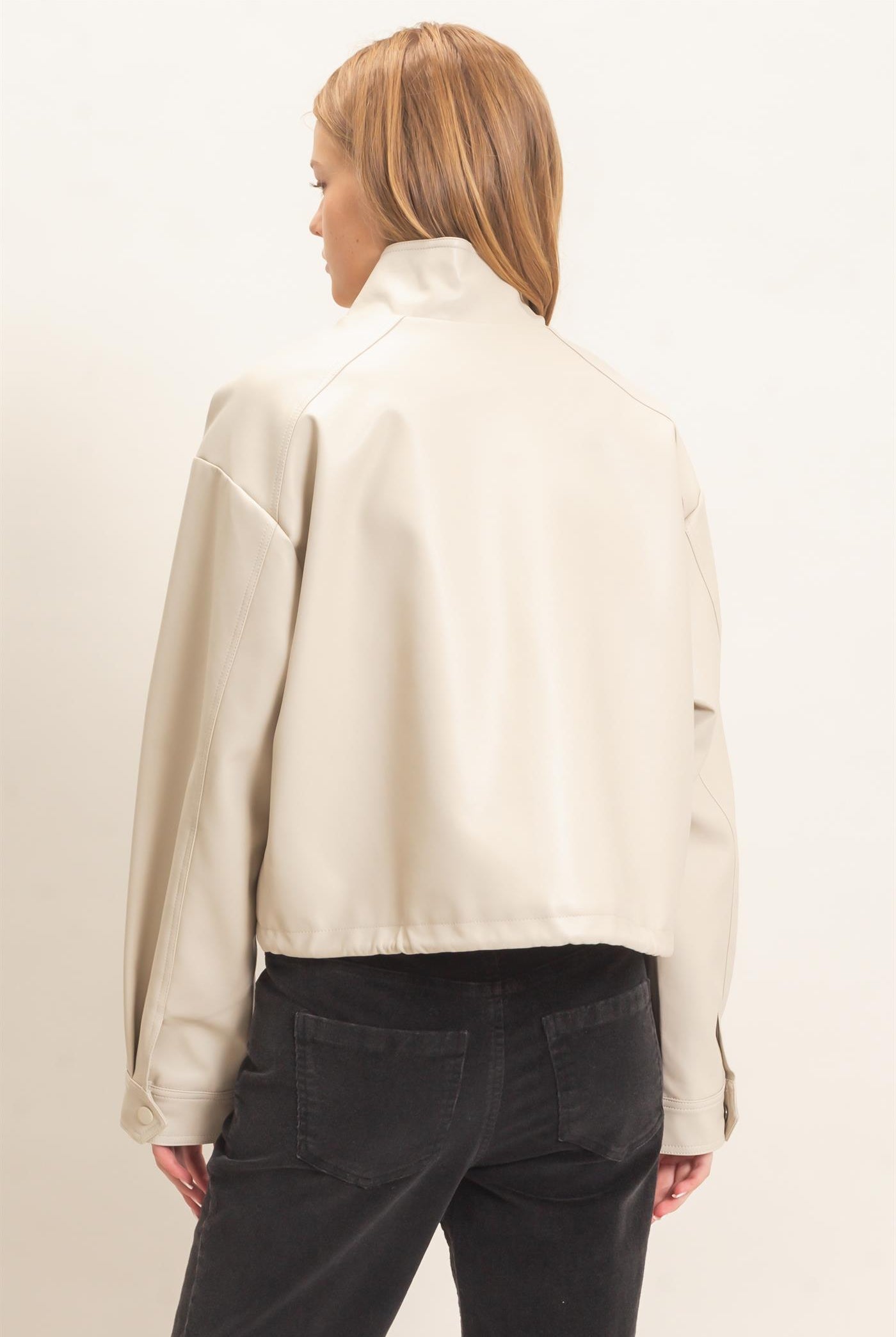 Wholesale Faux Leather Jacket With Stand Collar Bomber Jackets HF25F452 OATMEAL HYFVE