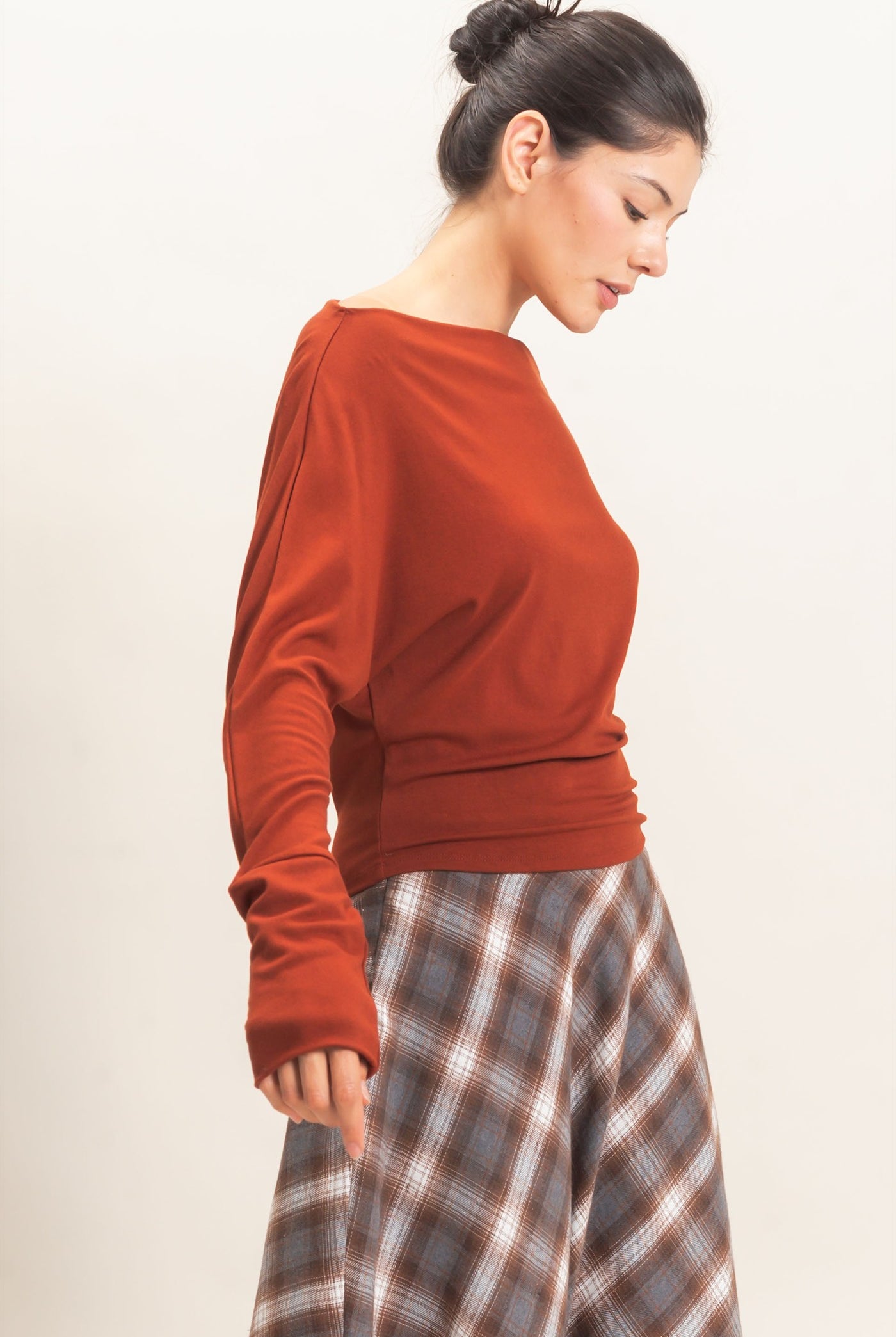 Wholesale Wide Boat Neck Dolman Sleeve Top Shirts HF26C883 BURNT SIENNA HYFVE