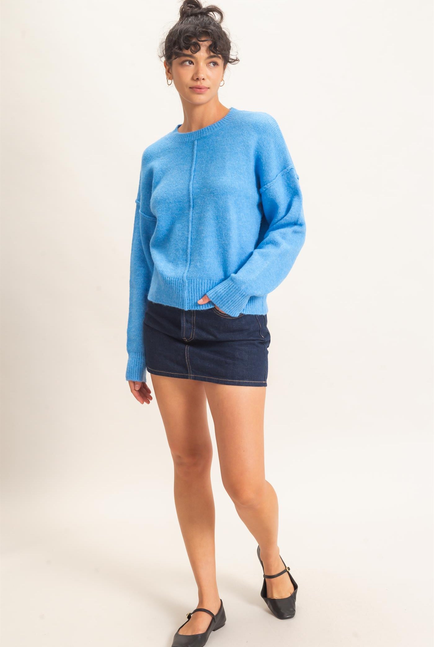 Wholesale Crew Neck Seam Detail Sweater Sweaters DZ26E240 BLUE DOUBLE ZERO