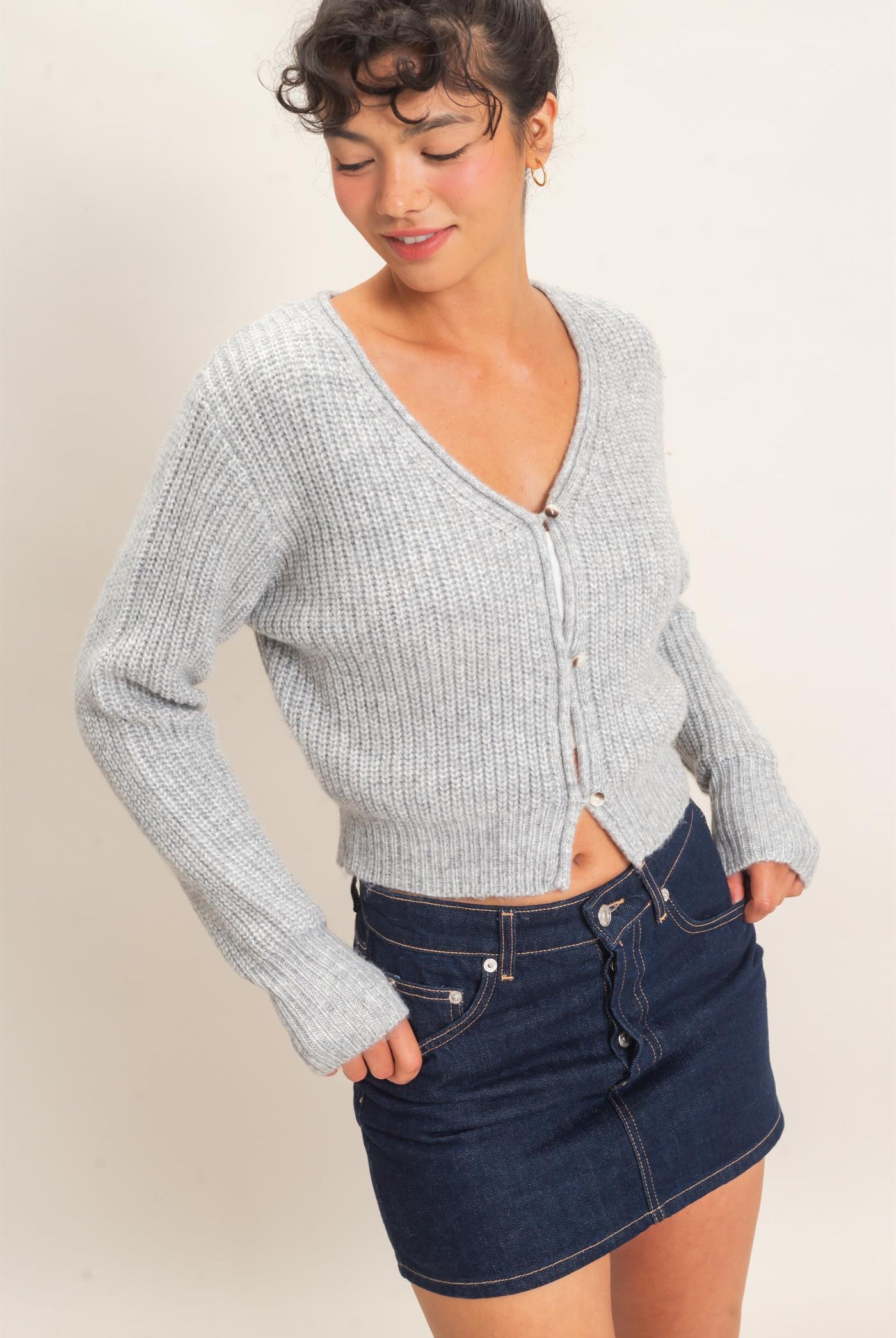 Wholesale V-Neck Ribbed Cardigan Cardigans DZ26E106 HEATHER GRAY DOUBLE ZERO