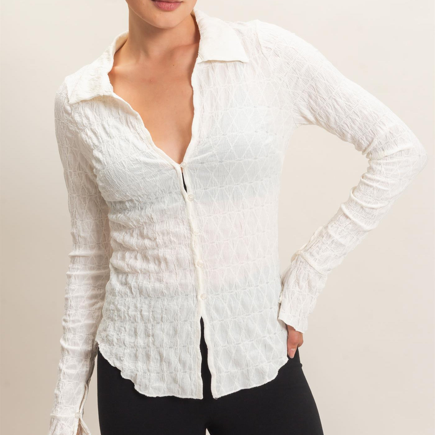 Wholesale Textured Button-Up Collared Top Shirts HF26E062 IVORY HYFVE