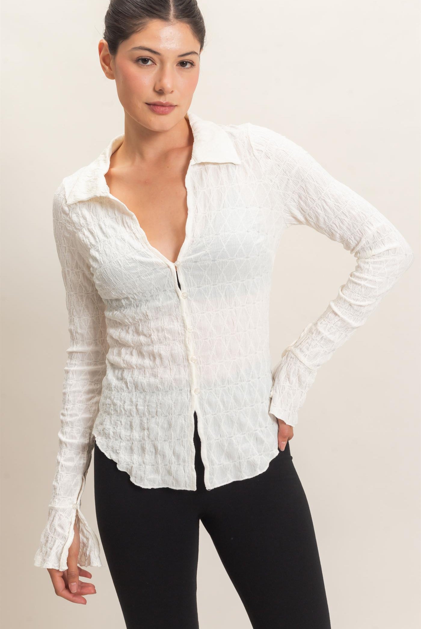 Wholesale Textured Button-Up Collared Top Shirts HF26E062 IVORY HYFVE