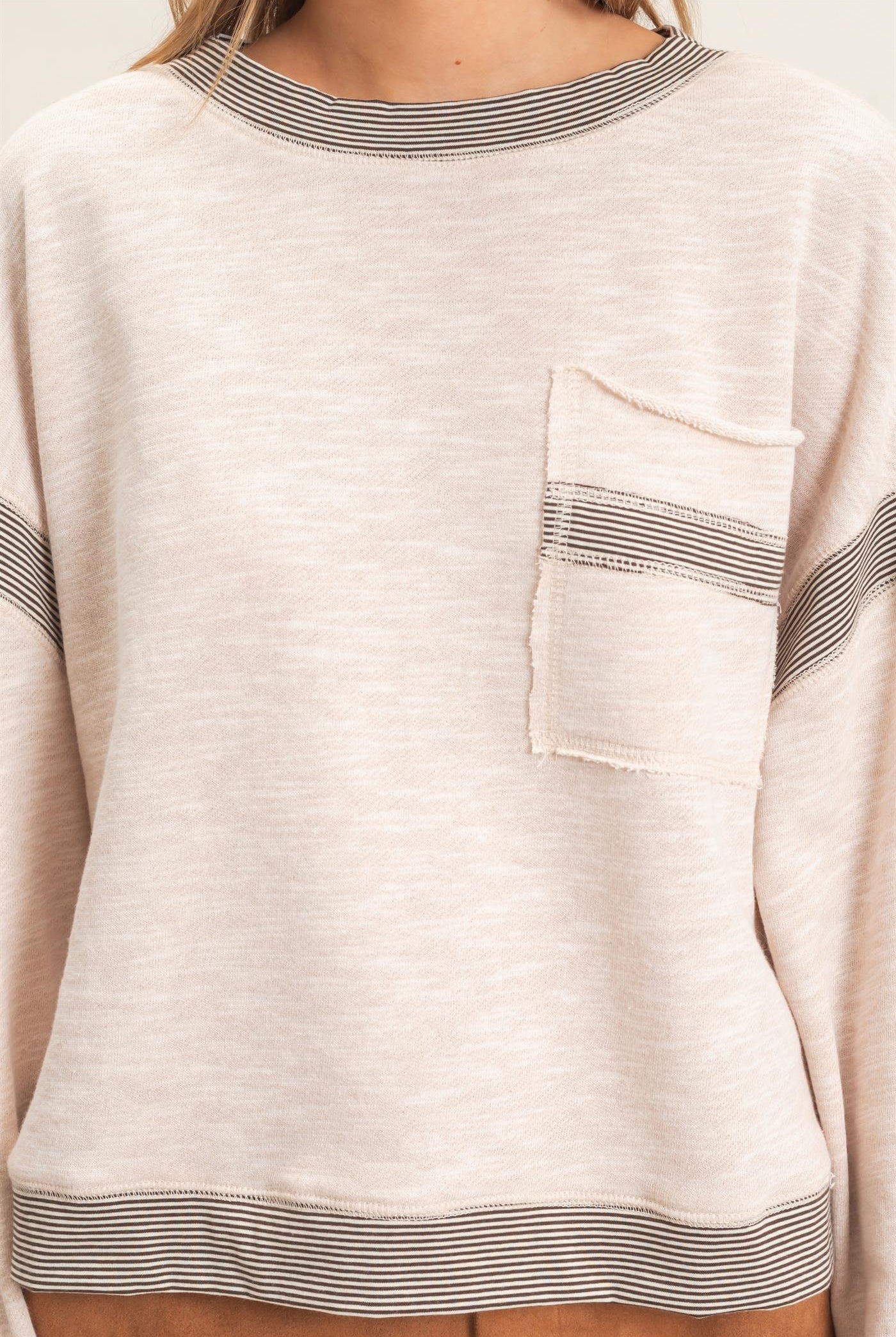 Wholesale Striped Trim Pocket Sweatshirt Sweatshirts HF26E557 OATMEAL HYFVE