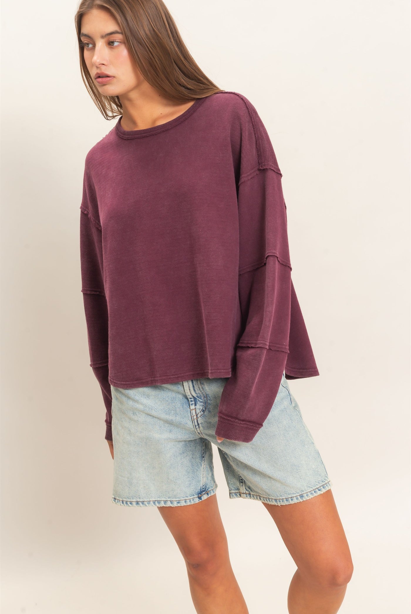 Wholesale Mineral Wash Overzised Raw Edge Crew Neck Top Clothing Tops DZ26E449 DARK CHERRY DOUBLE ZERO