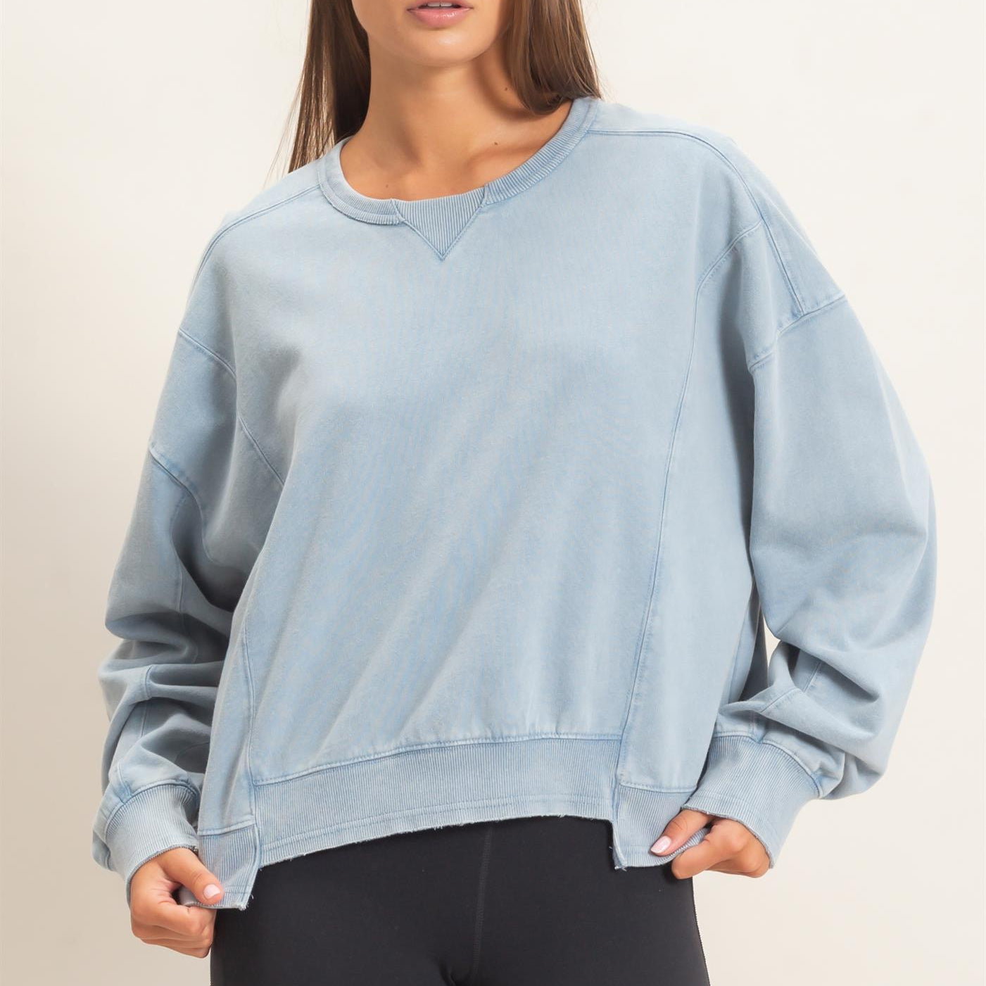 Wholesale Acid Wash Seam Detail Crew Neck Sweatshirt Sweatshirts DZ26E260 DUSTY BLUE DOUBLE ZERO