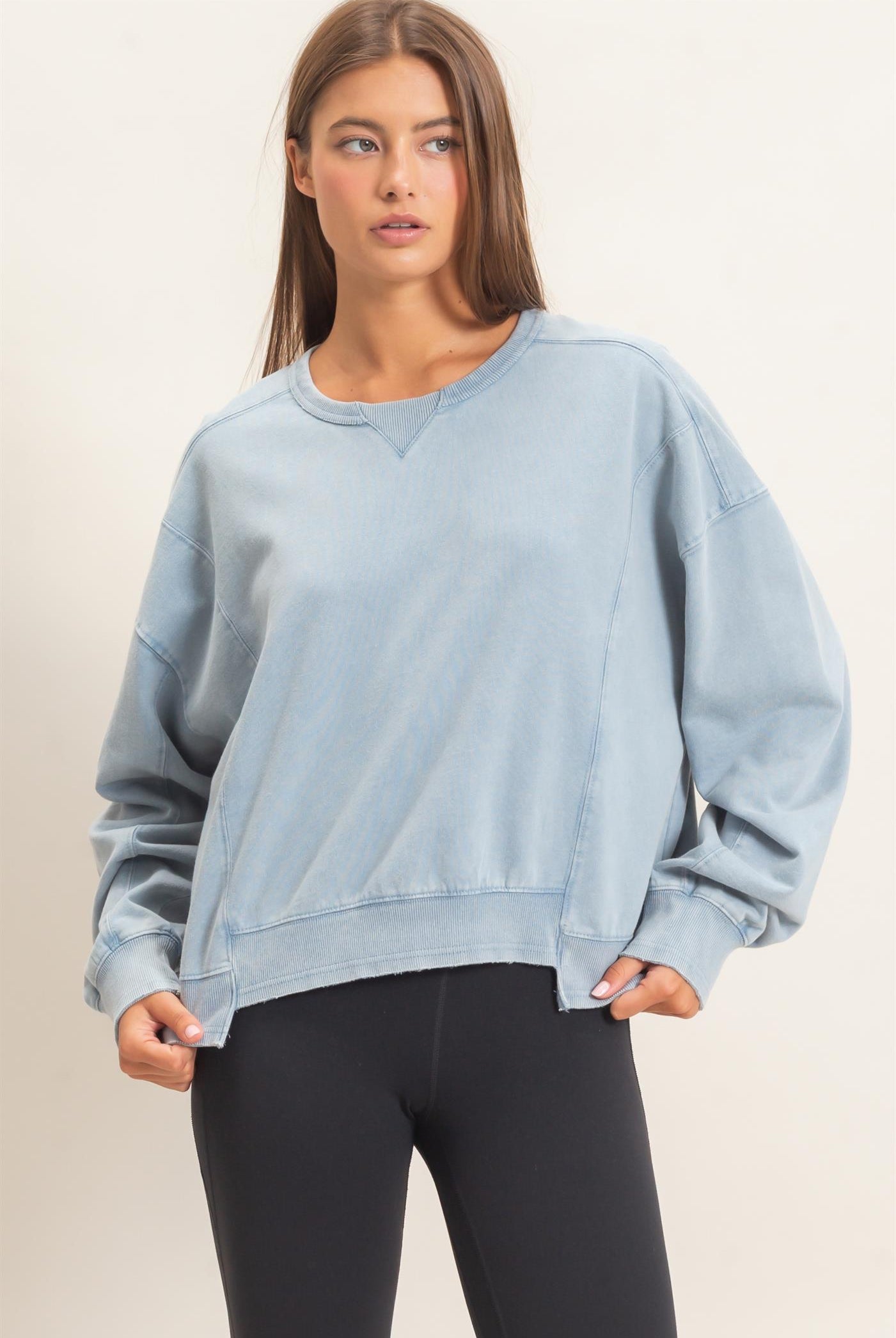 Wholesale Acid Wash Seam Detail Crew Neck Sweatshirt Sweatshirts DZ26E260 DUSTY BLUE DOUBLE ZERO