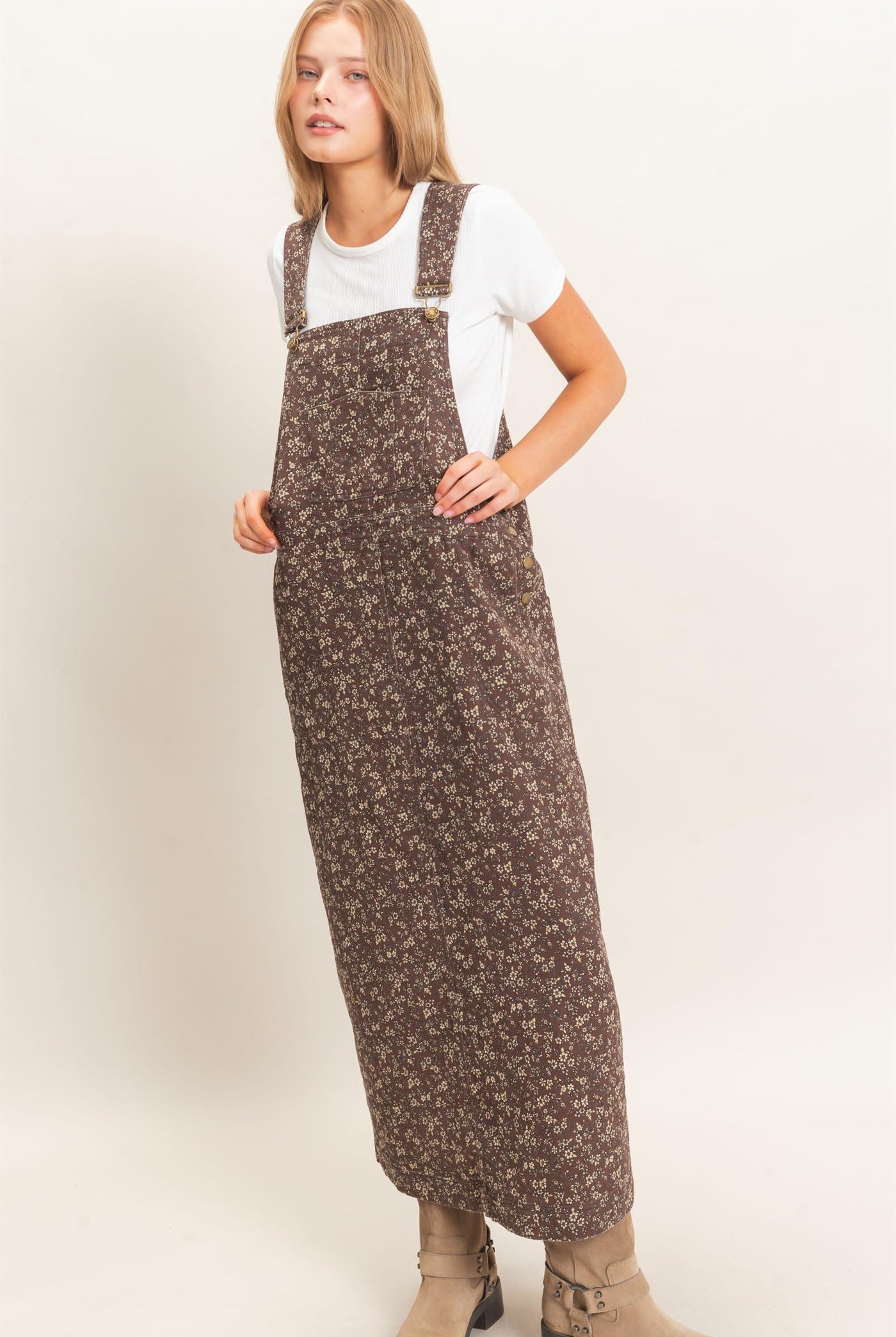 Wholesale Floral Garment Wash Overall Dress Dresses HF26C838 CHESTNUT HYFVE