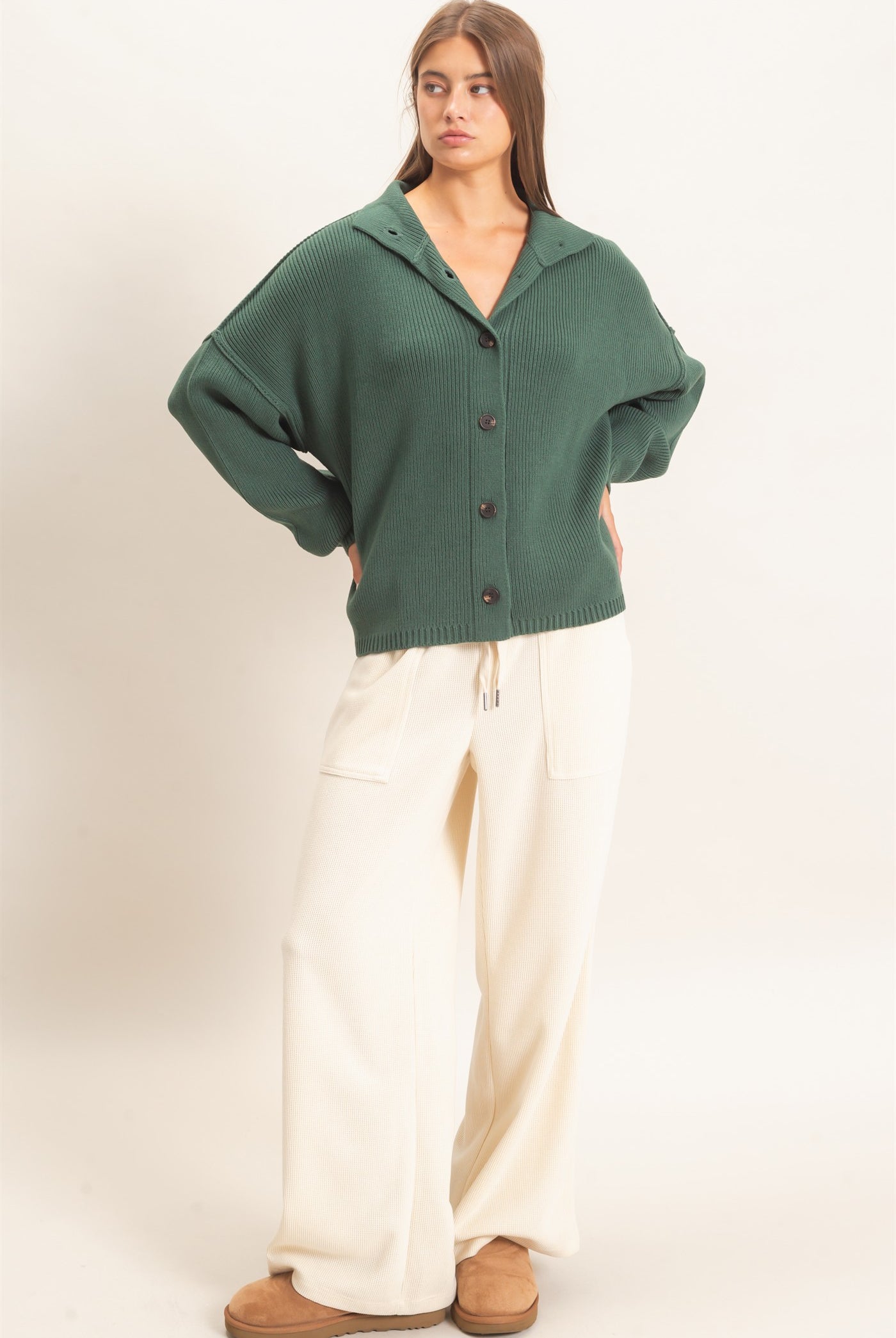 Wholesale High Neck Oversized Cardigan Cardigans DZ26E280 DARK GREEN DOUBLE ZERO