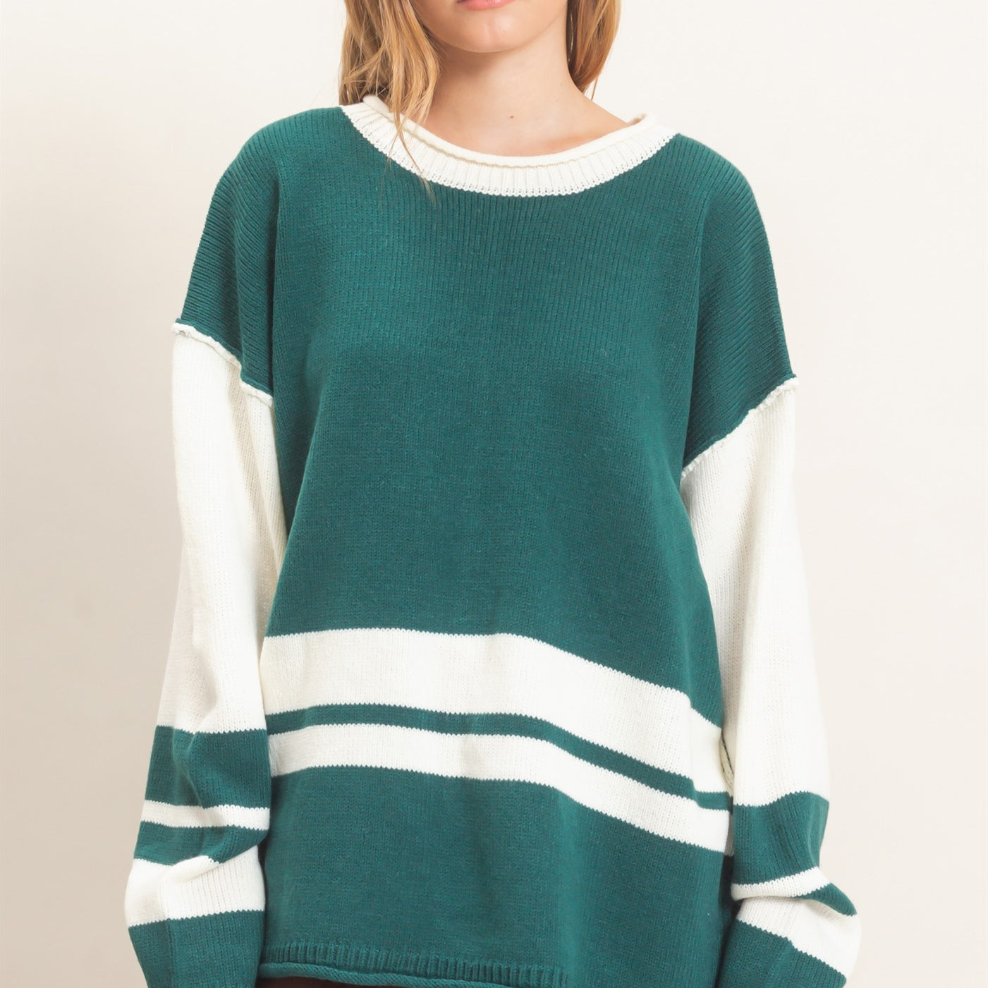 Wholesale Striped Crew Neck Sweater Sweaters HF26E793 TEAL GREEN HYFVE