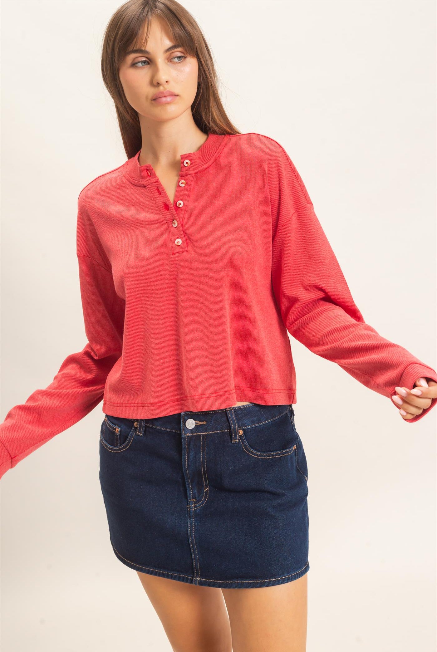 Wholesale Buttoned Henley Top Clothing Tops HF26F081 RED HYFVE