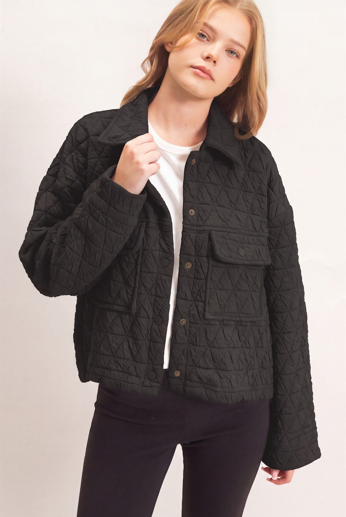 Wholesale Triangle Quilted Button-Up Jacket Coats & Jackets HF26F145 BLACK DOUBLE ZERO