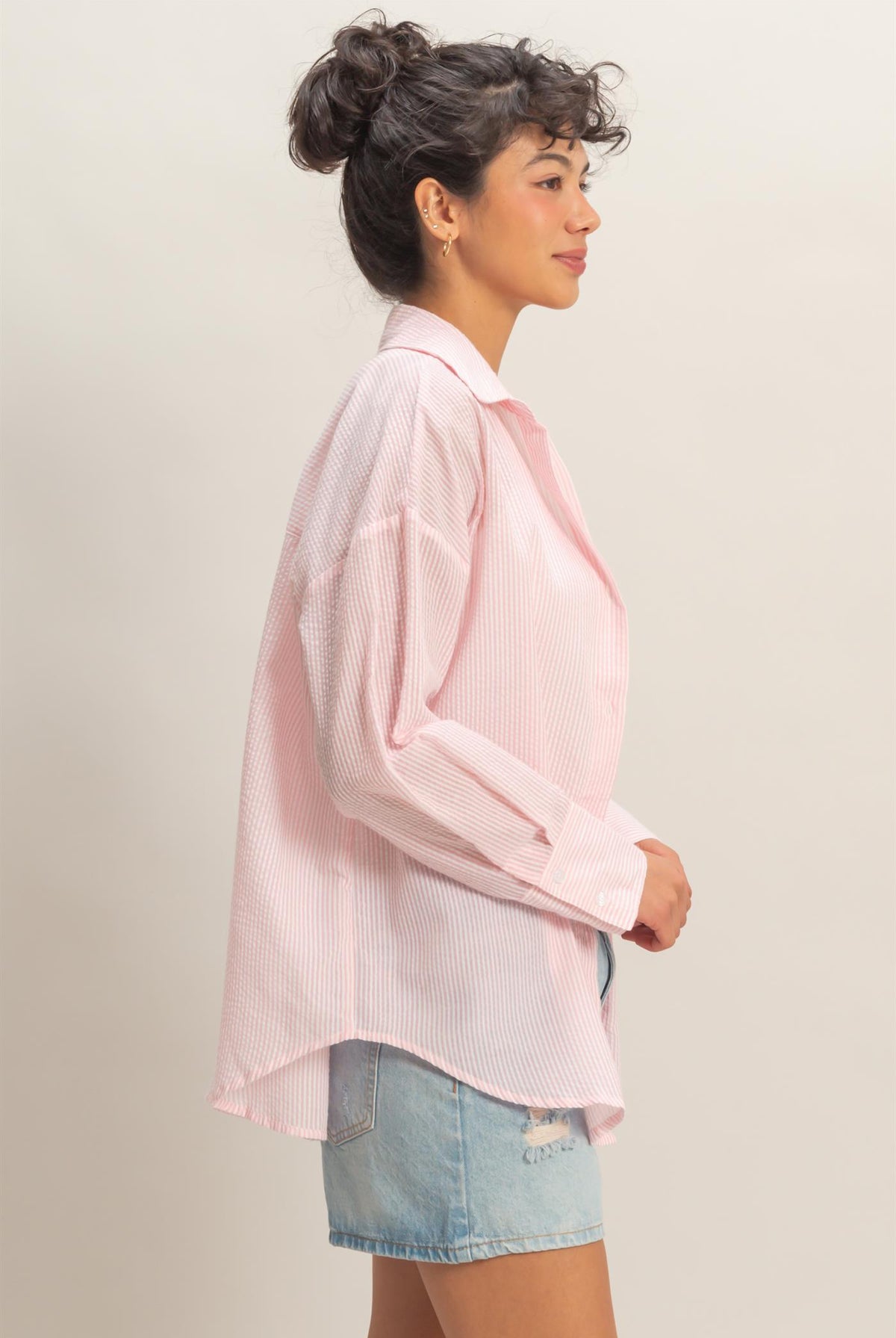 Wholesale Striped Button-Up Shirt Shirts DZ26A737 PINK DOUBLE ZERO