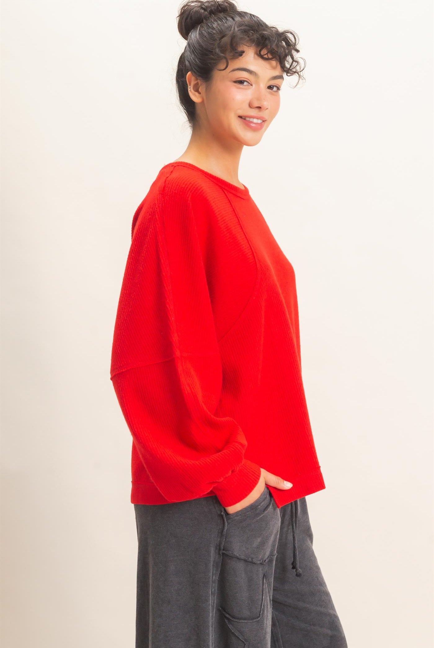 Wholesale Brushed Waffle Long Sleeve Top Clothing Tops DZ26F312 RED DOUBLE ZERO