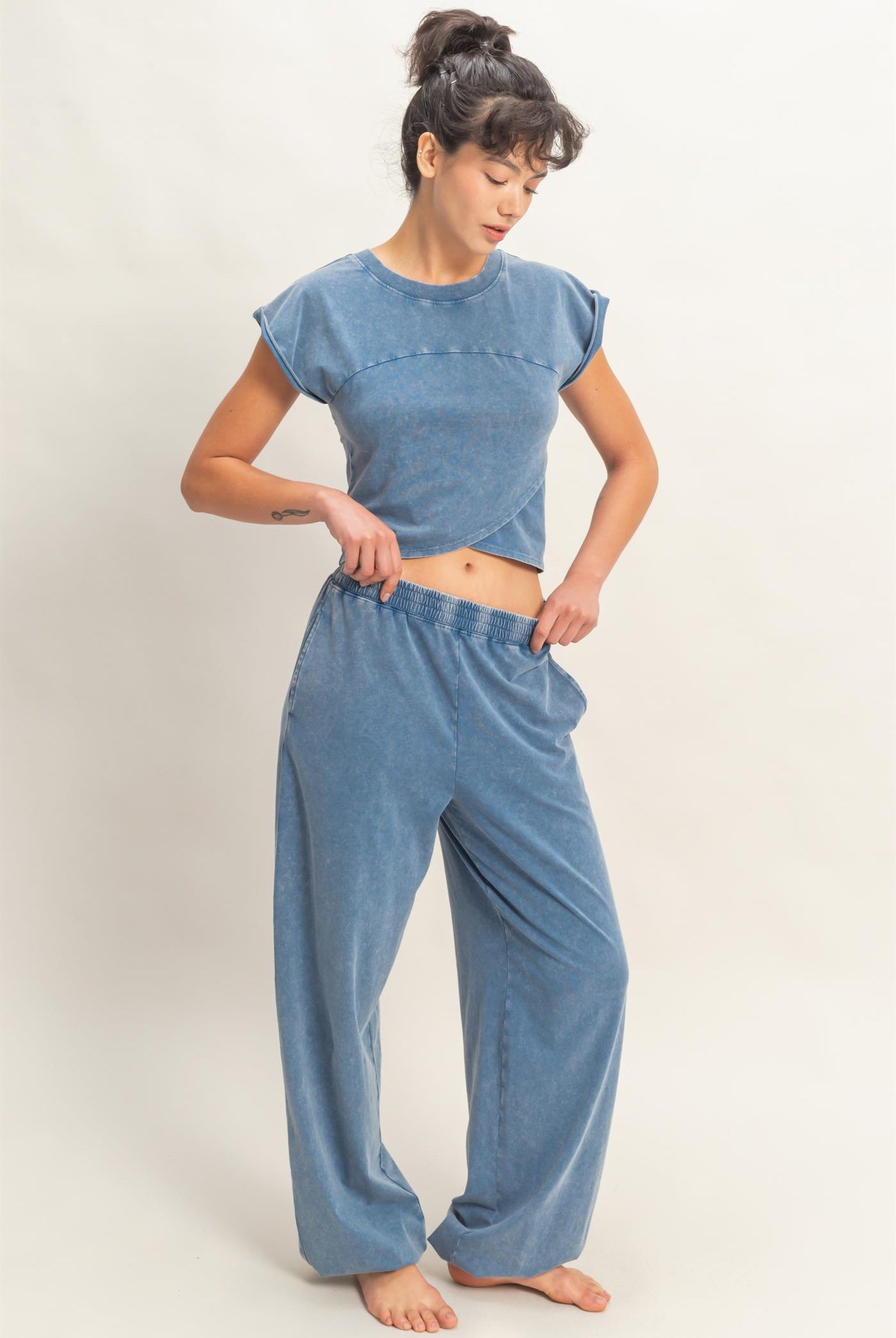 Wholesale Rolled Sleeve Wrap-Front Crop Top And Jogger Set Clothing DZ26A172-SET NAVY DOUBLE ZERO