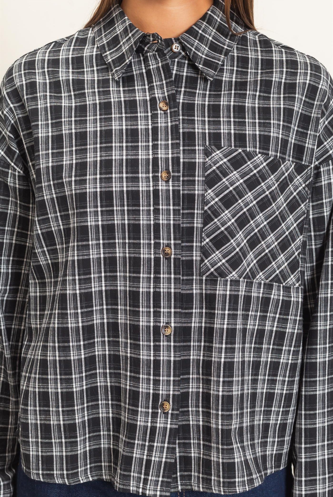 Wholesale Plaid Button-Up Shirt Clothing Tops DZ26E395 BLACK DOUBLE ZERO