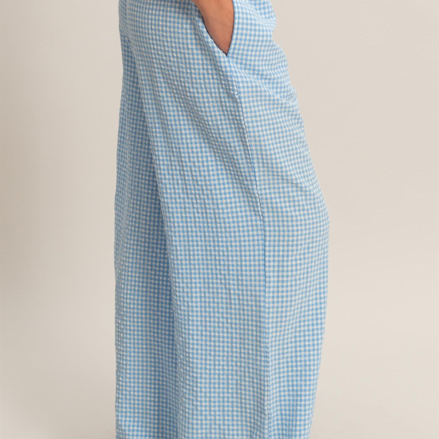 Wholesale Gingham Drawstring Wide-Leg Pants Pants DZ26C202 BLUE DOUBLE ZERO