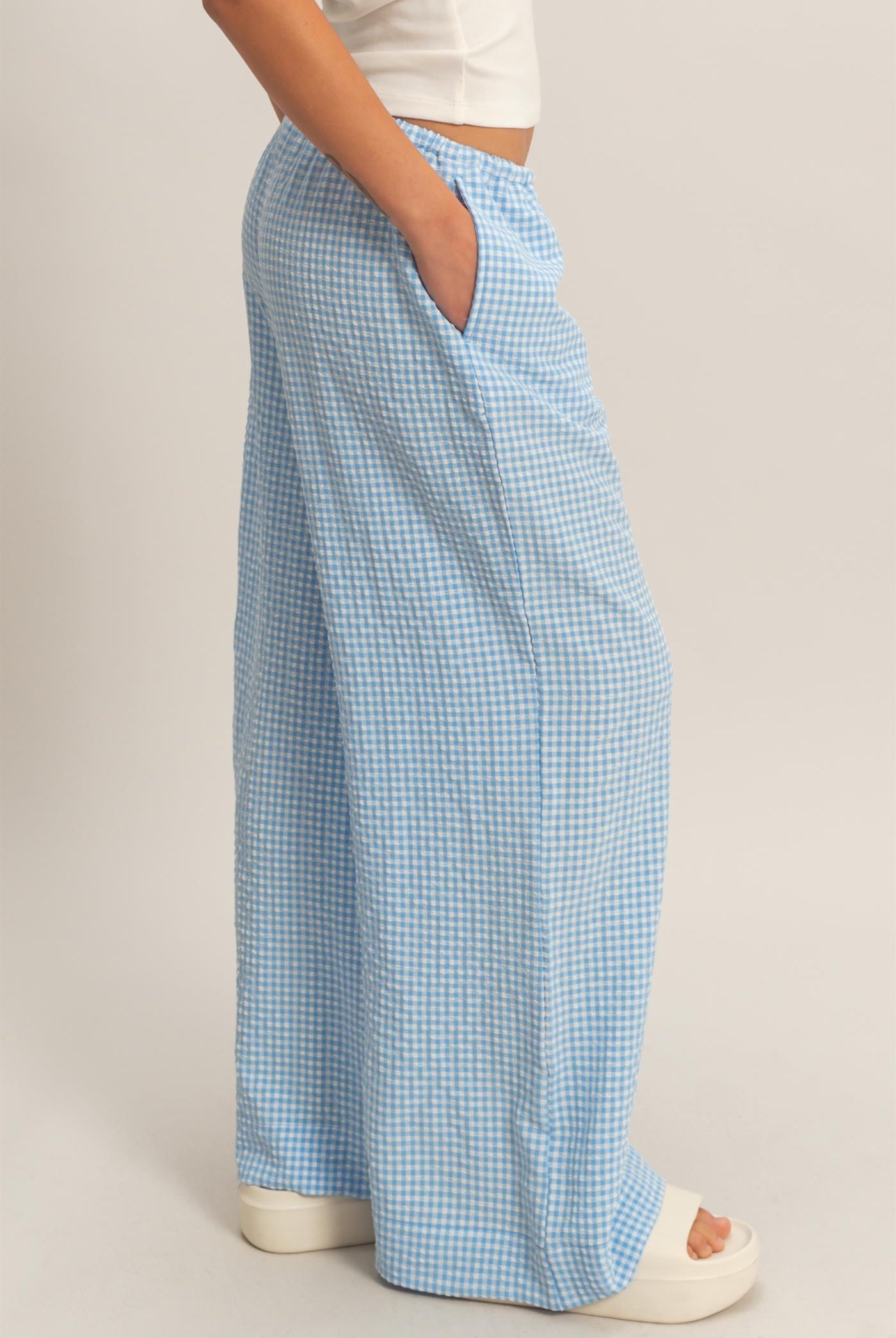 Wholesale Gingham Drawstring Wide-Leg Pants Pants DZ26C202 BLUE DOUBLE ZERO