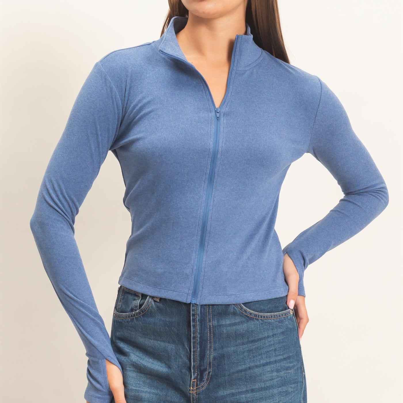 Wholesale Mock Neck Long Sleeve Zip Up Top Clothing Tops DZ26E911 NAVY DOUBLE ZERO