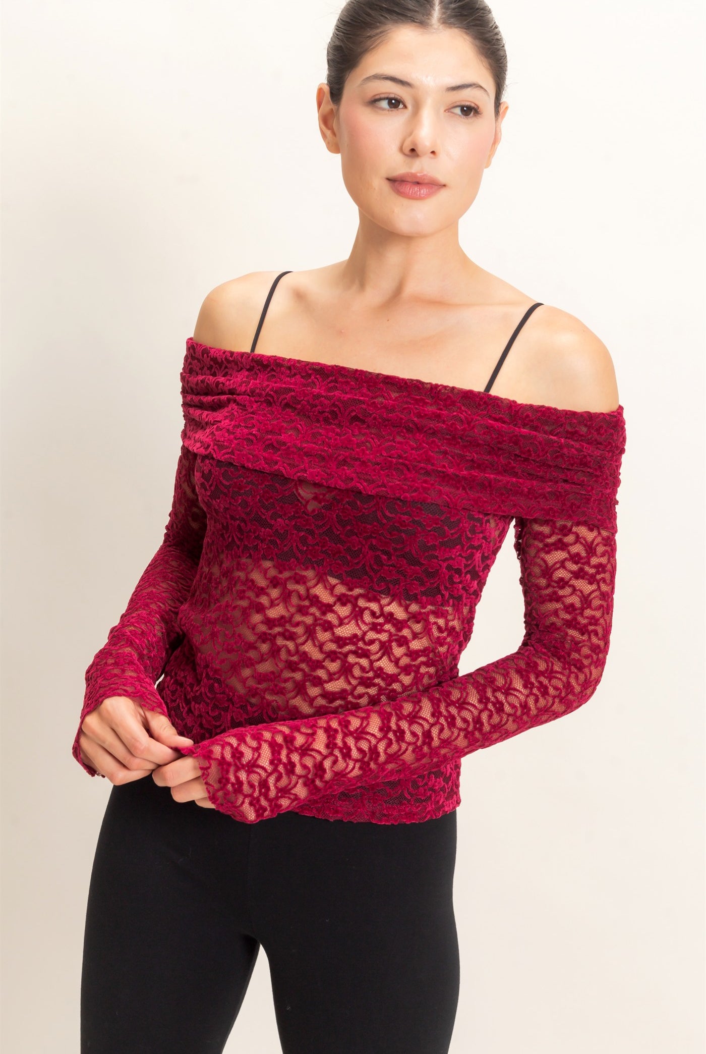 Wholesale Off-Shoulder Lace Top Clothing Tops HF26E407 BURGUNDY HYFVE