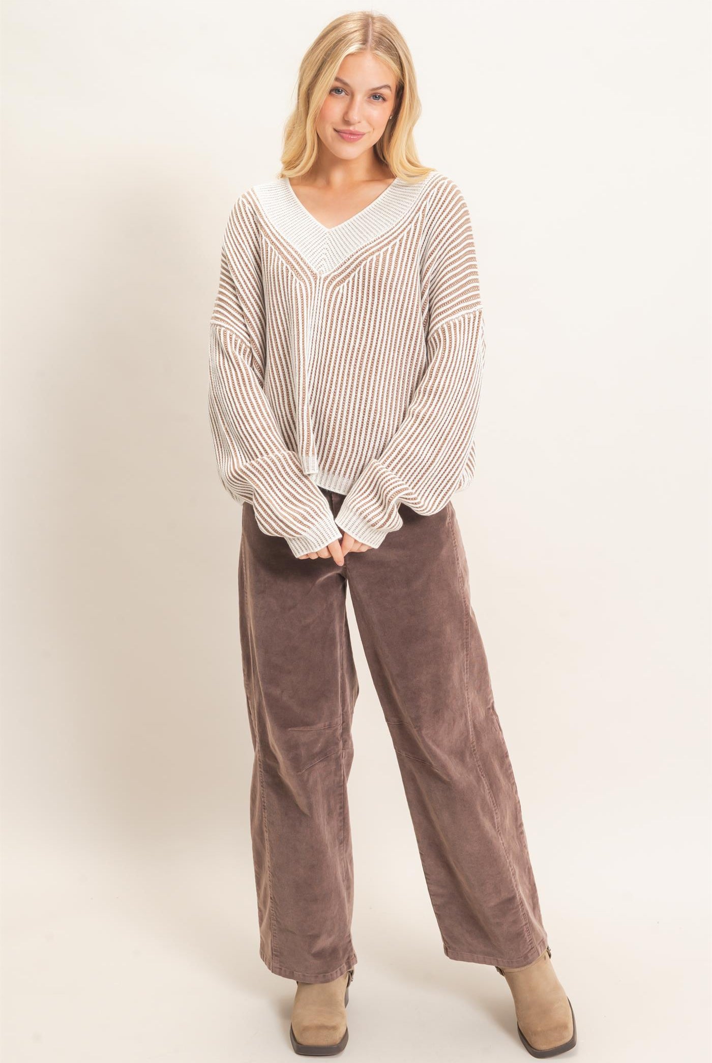 Wholesale Striped V-Neck Ribbed Sweater Sweaters HF26F202 TAUPE HYFVE