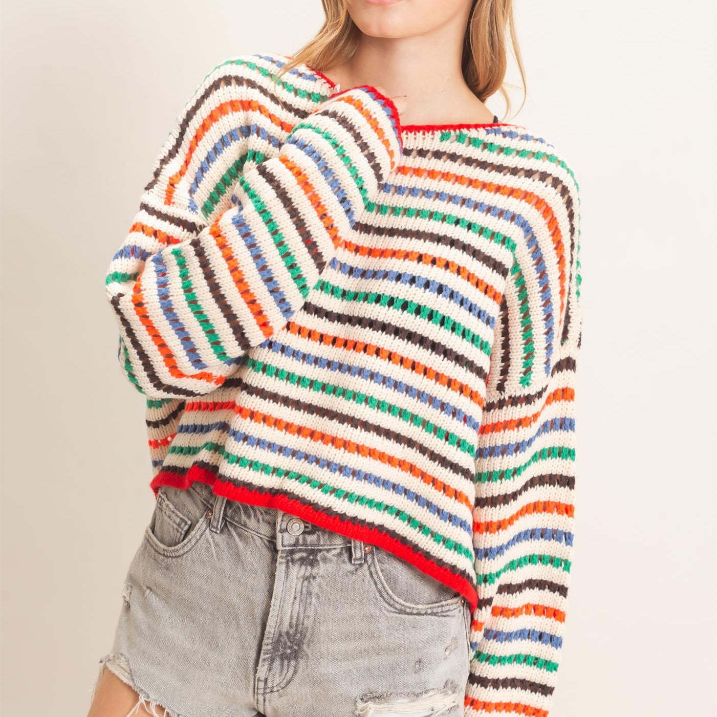 Wholesale Striped Knit Sweater Sweaters HF26F189 CREAM HYFVE