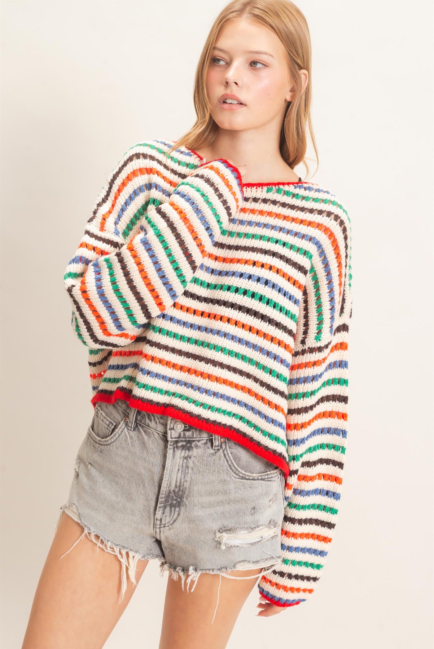 Wholesale Striped Knit Sweater Sweaters HF26F189 CREAM HYFVE