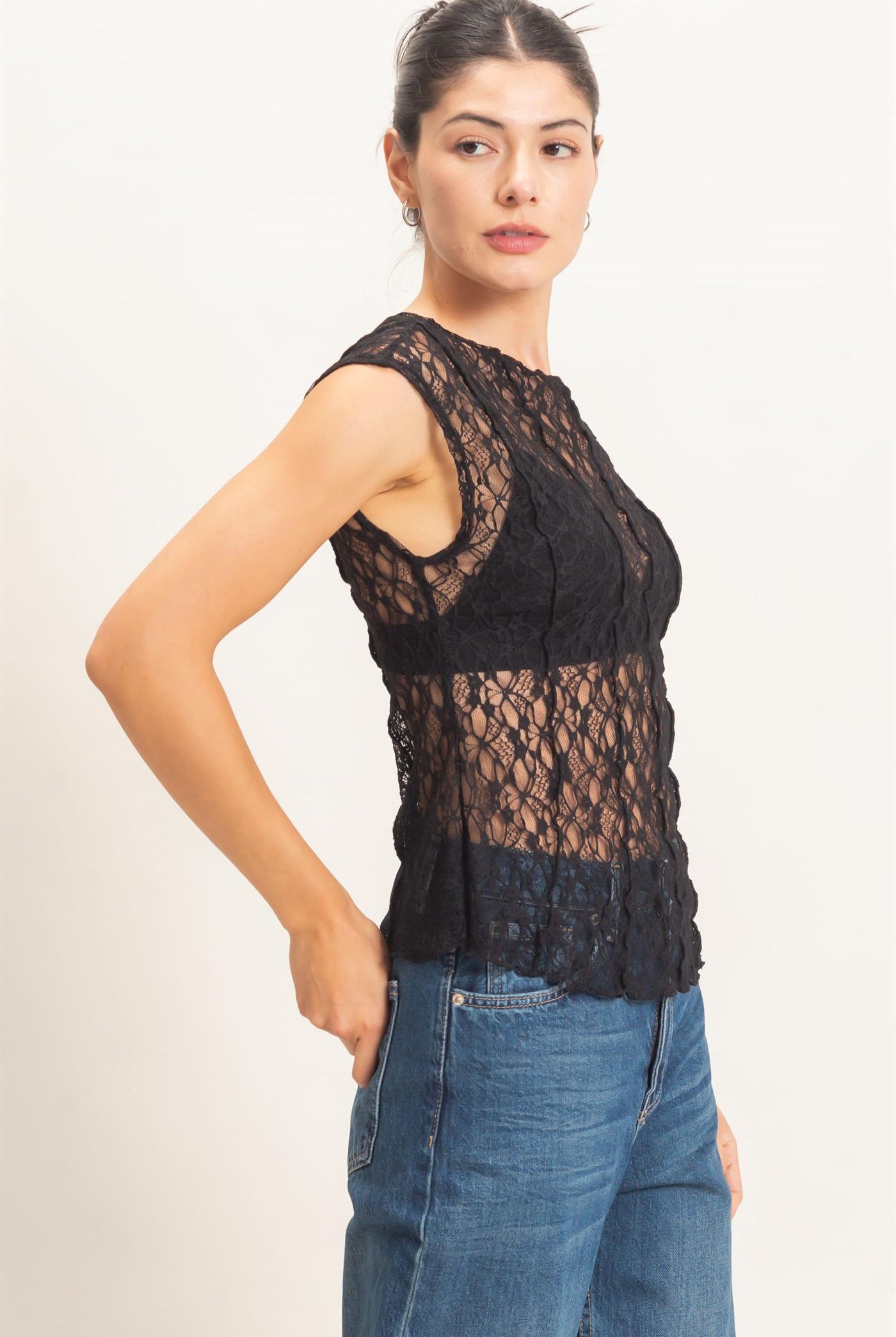 Wholesale Lace Cap Sleeve Top Clothing Tops HF26E672 BLACK HYFVE