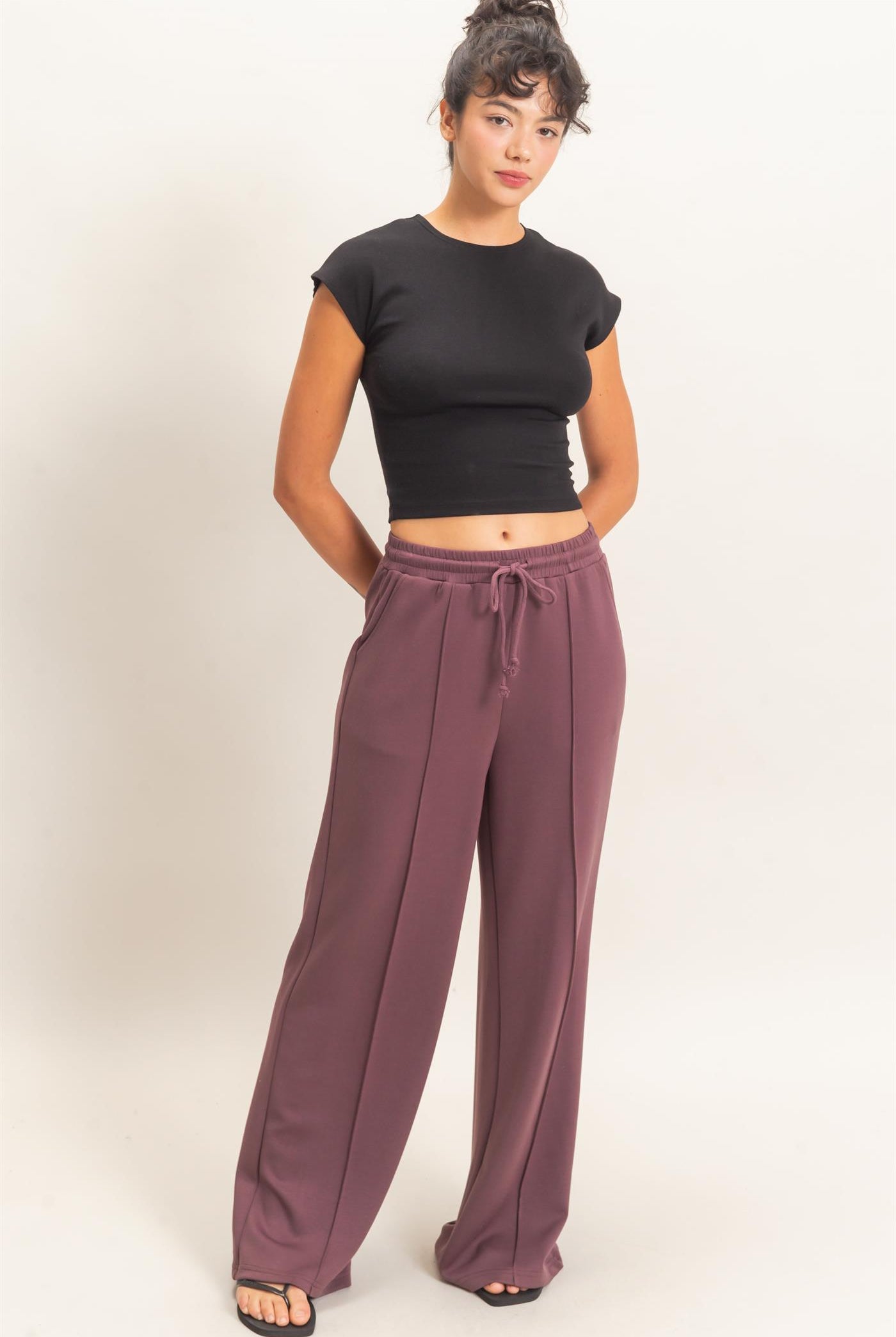 Wholesale Drawstring Waist Pintuck Wide Leg Pants Pants DZ26E384 COCOA HYFVE