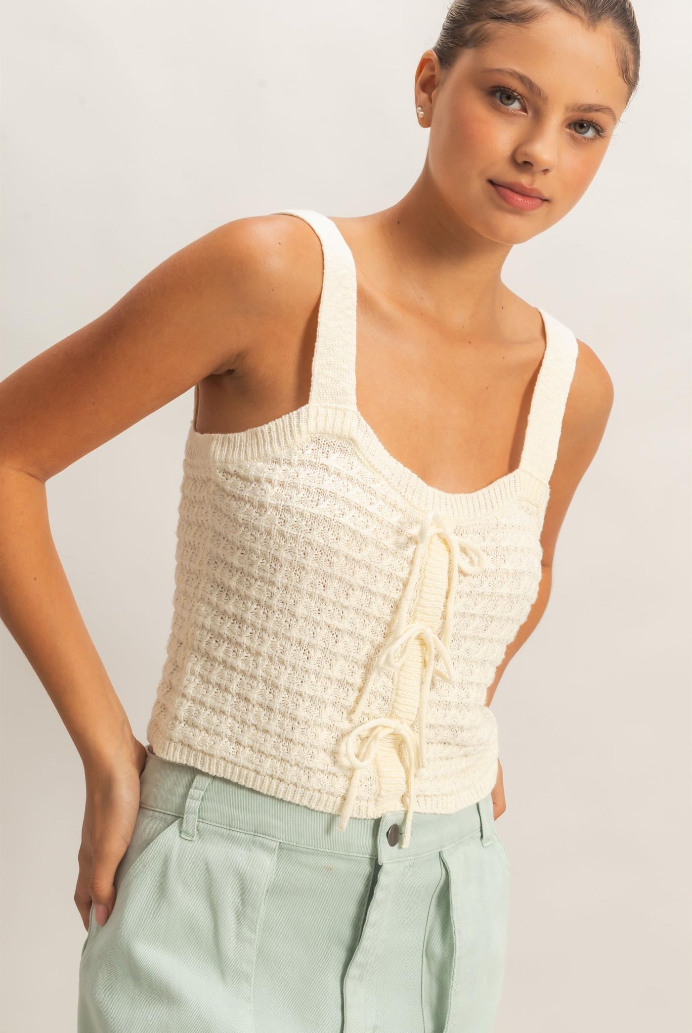 Wholesale Textured Knit Tank Clothing Tops HF26C002 CREAM HYFVE