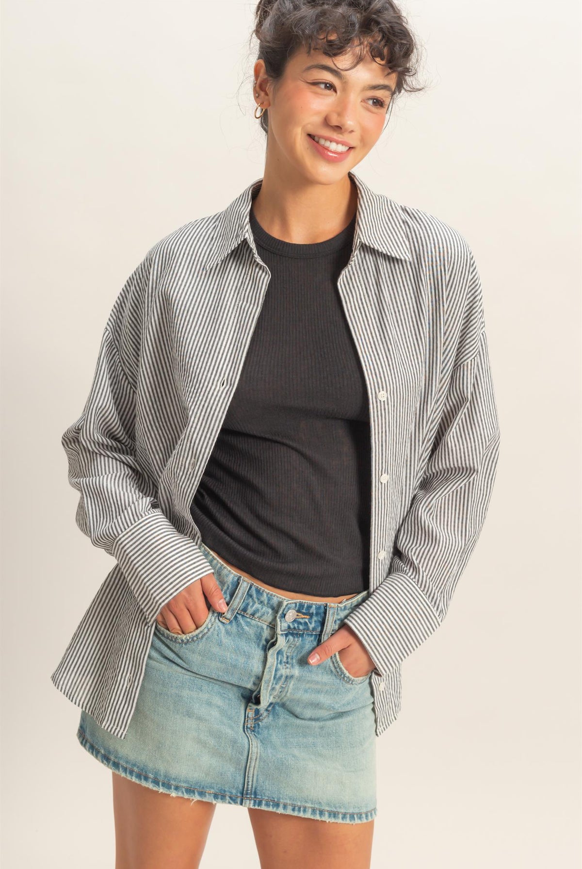 Wholesale Striped Button-Up Shirt Shirts DZ26A737 BLACK DOUBLE ZERO