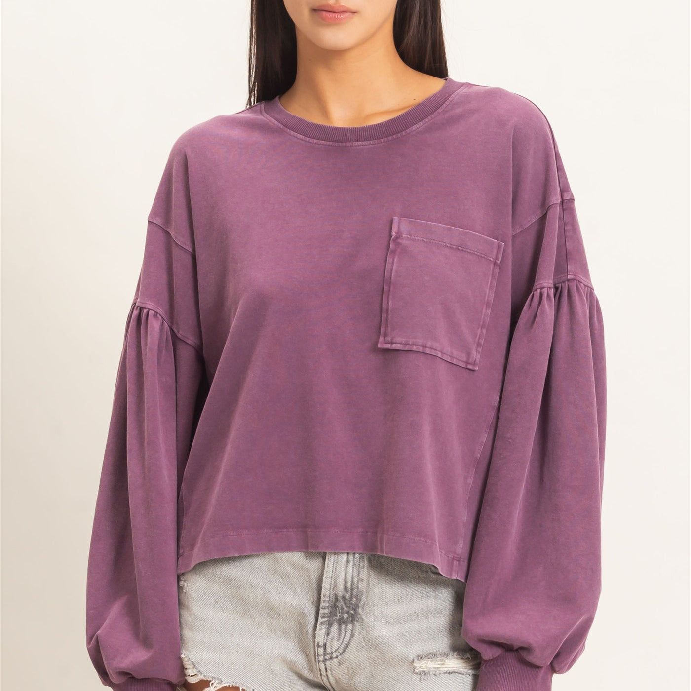 Wholesale Mineral Wash Puff Long Sleeve Boxy Top Clothing Tops DZ26F402 DARK CHERRY DOUBLE ZERO