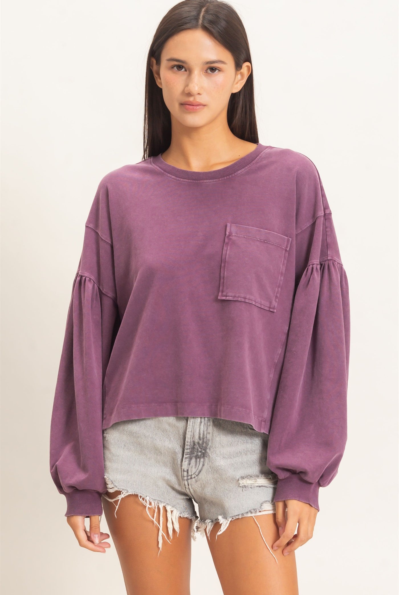 Wholesale Mineral Wash Puff Long Sleeve Boxy Top Clothing Tops DZ26F402 DARK CHERRY DOUBLE ZERO
