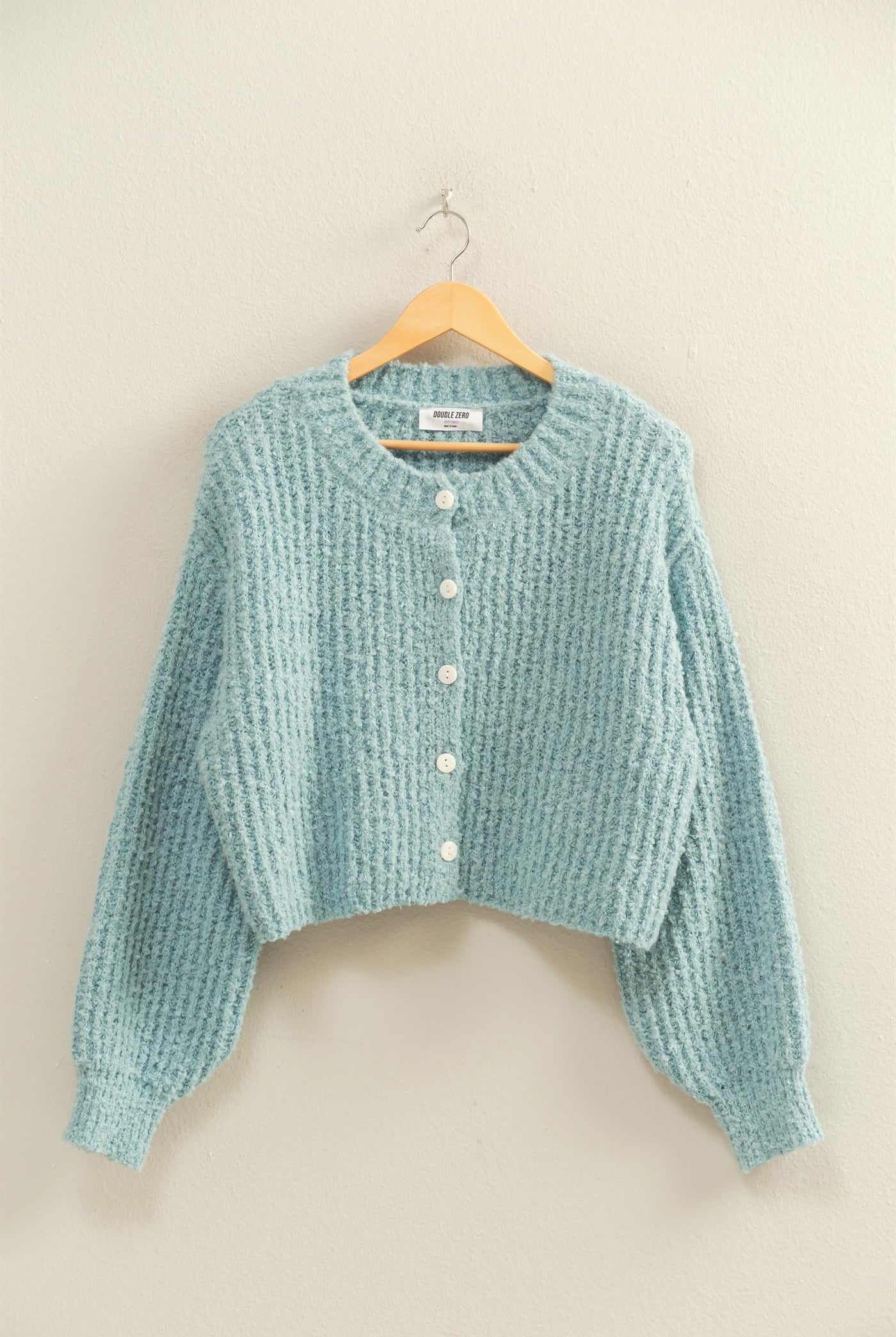 Wholesale Fluffy Knit Button-Up Cardigan Sweater Cardigans DZ25E592 SKY BLUE DOUBLE ZERO
