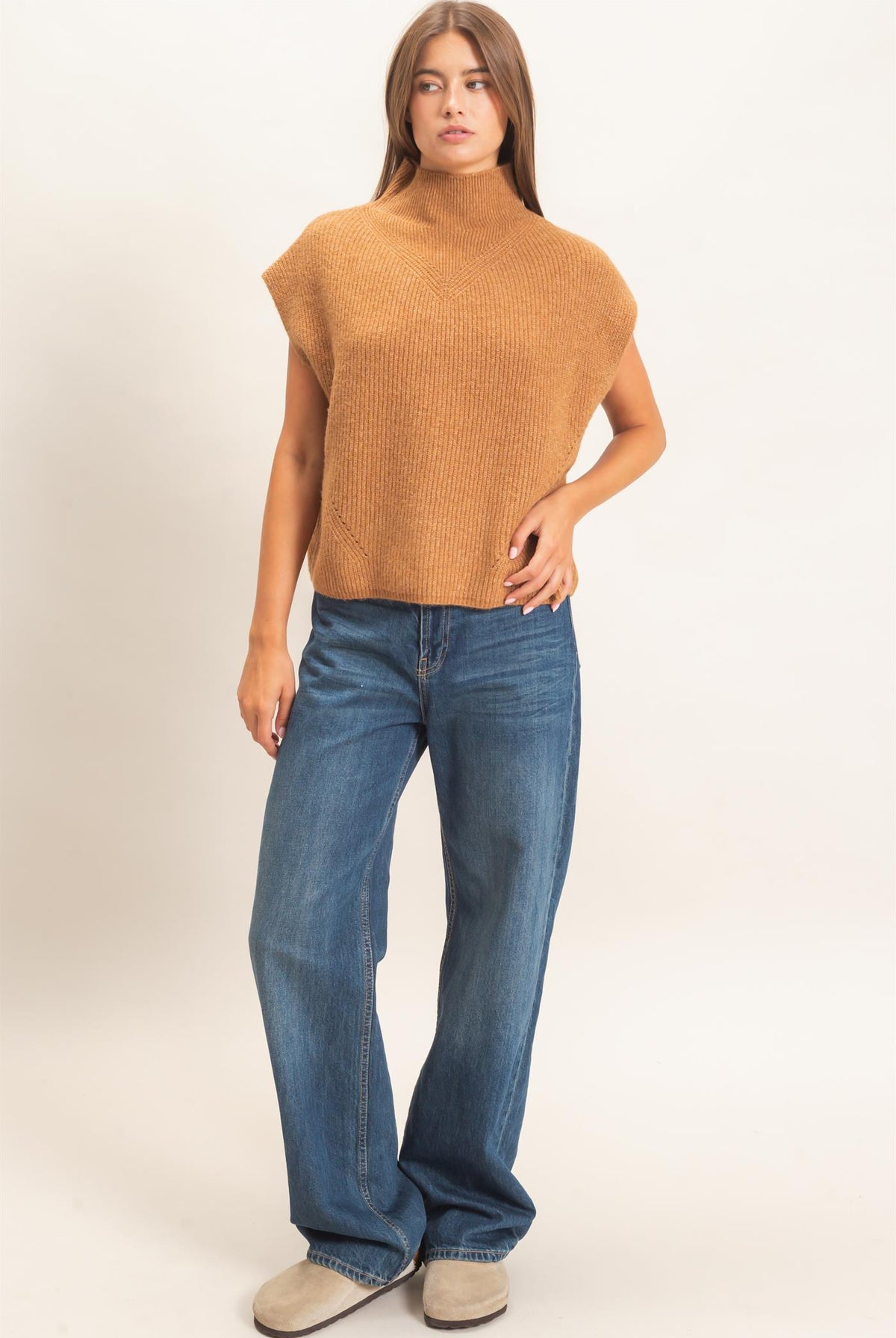 Wholesale Sleeveless High Neck Sweater Sweaters DZ26E295 CAMEL DOUBLE ZERO