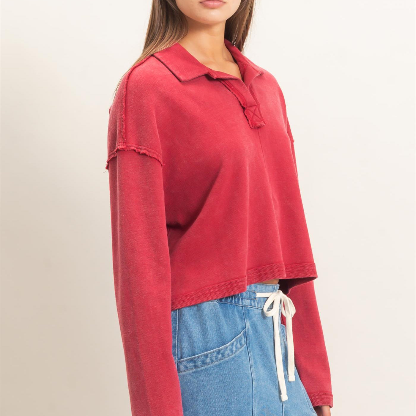 Wholesale Mineral Wash Textured Collar Top Polos DZ26E814 DARK RED DOUBLE ZERO