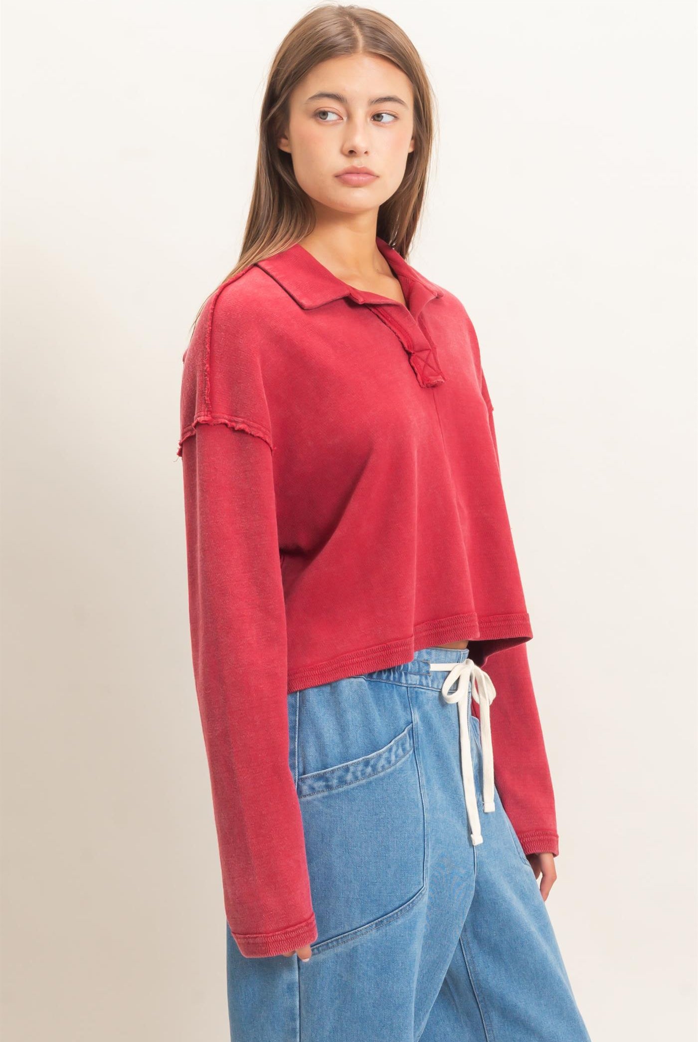Wholesale Mineral Wash Textured Collar Top Polos DZ26E814 DARK RED DOUBLE ZERO
