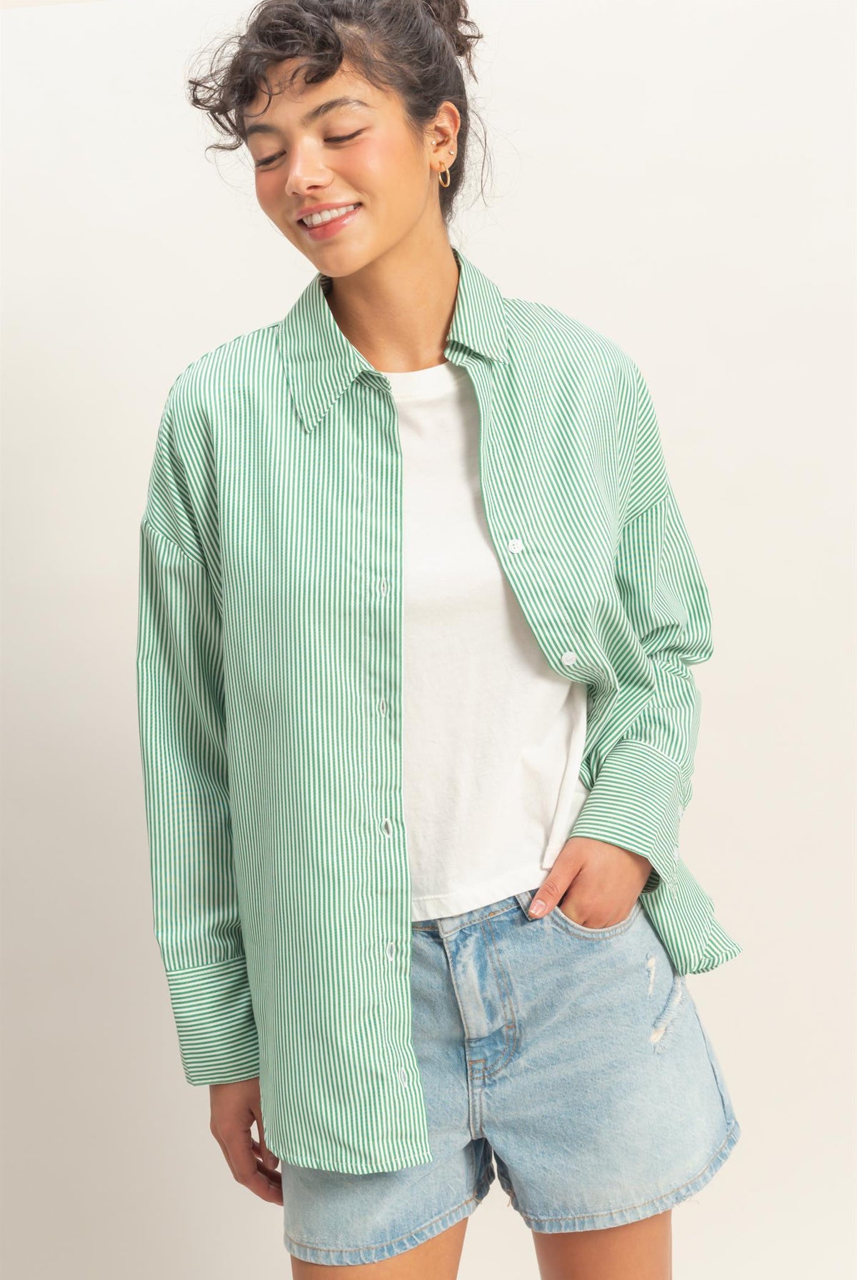 Wholesale Striped Button-Up Shirt Shirts DZ26A737 GREEN DOUBLE ZERO