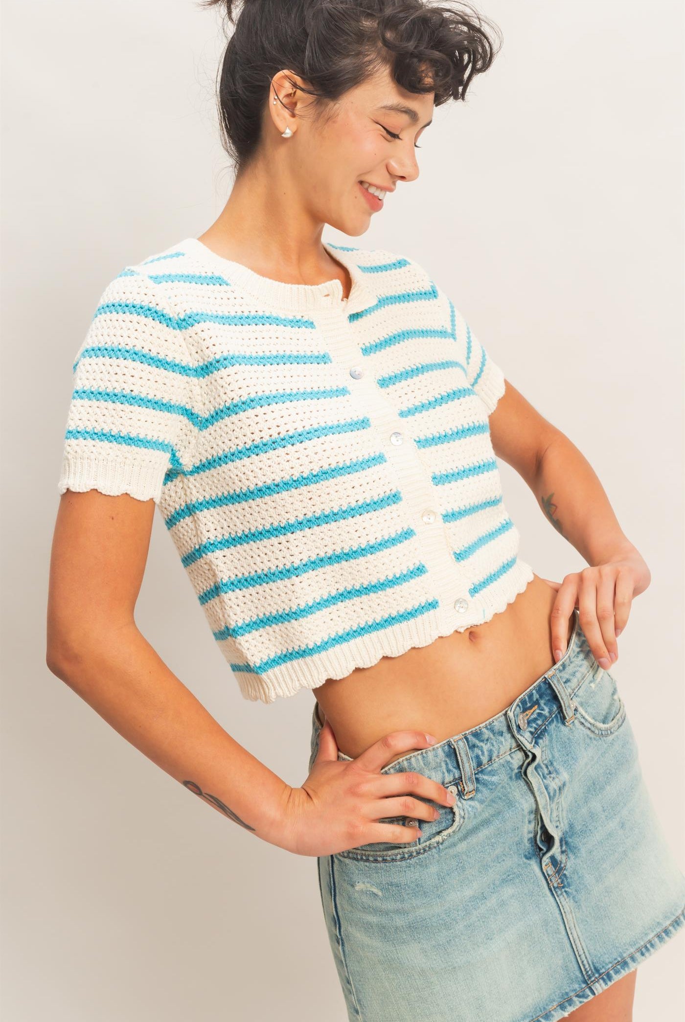 Wholesale Striped Short Sleeve Cardigan With Scallop Edge Cardigans DZ26A605 BLUE DOUBLE ZERO