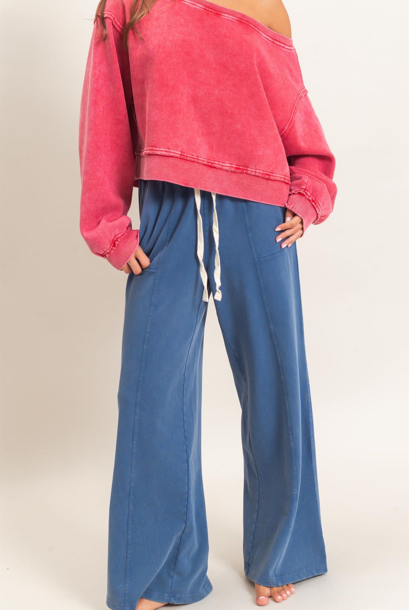 Wholesale Acid Wash Drawstring Waist Wide Leg Pants Pants DZ25A685 NAVY DOUBLE ZERO