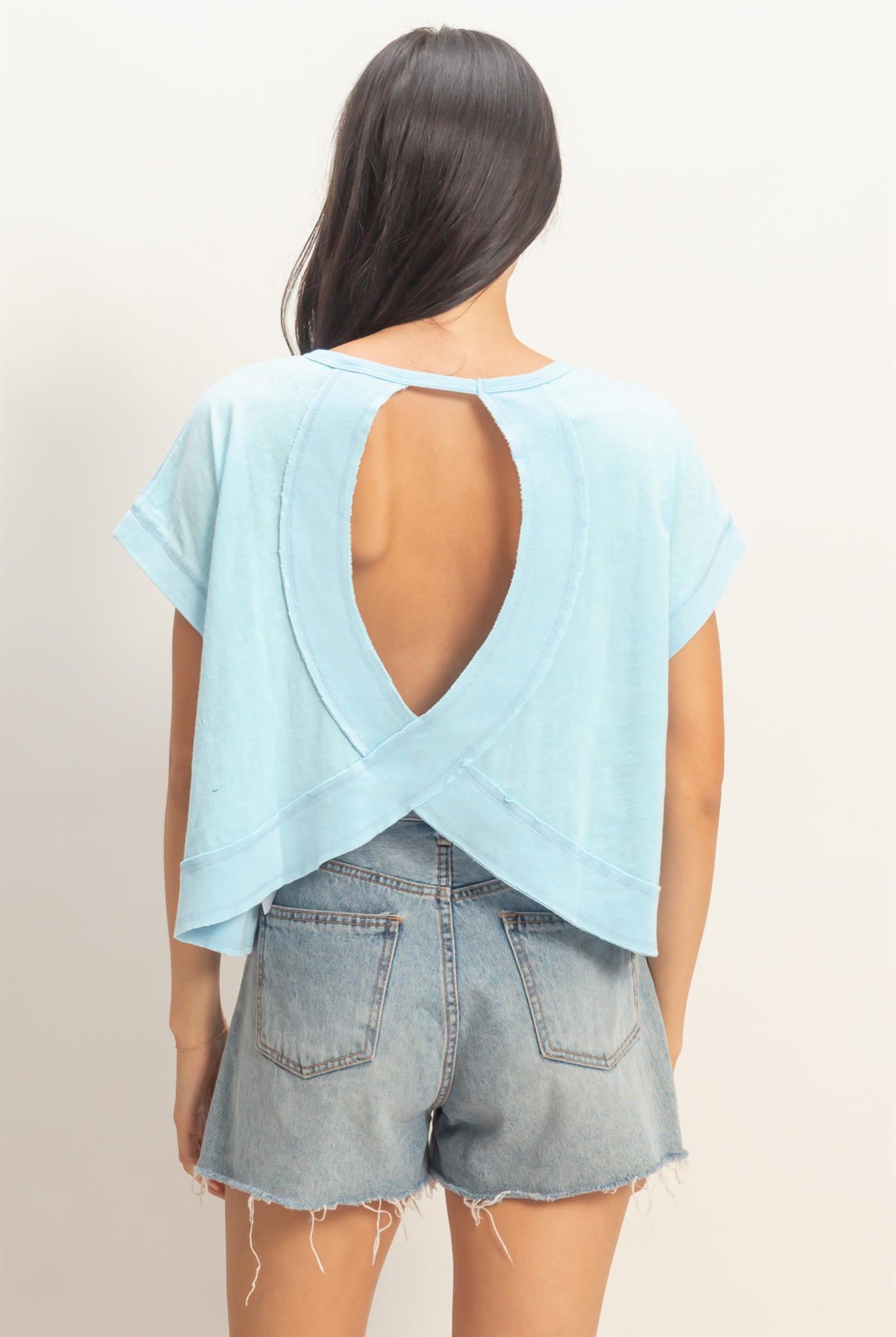 Wholesale Acid Wahsed Cross Detail Open Back Top Clothing Tops DZ26A225 BLUE DOUBLE ZERO