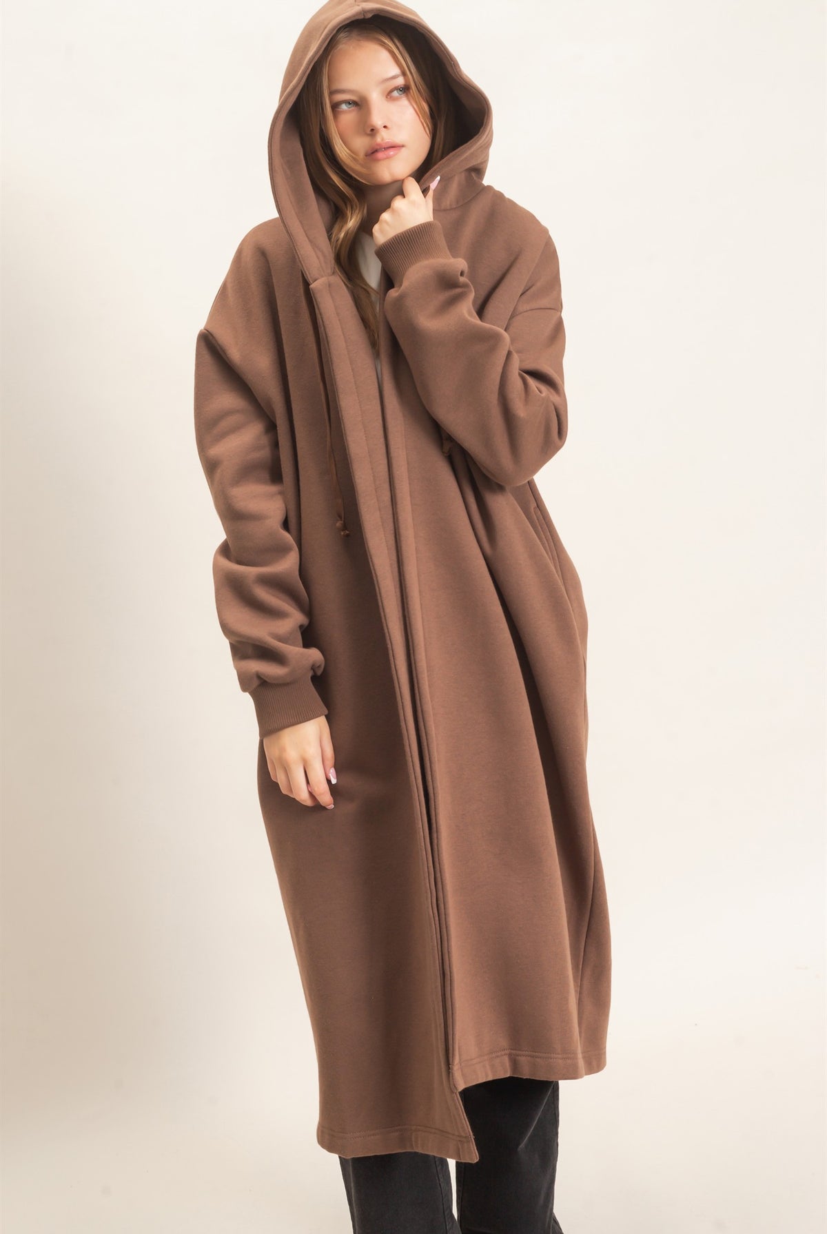 Wholesale Oversized Hooded Open Front Coat Coats & Jackets HF26F142-D BROWN HYFVE