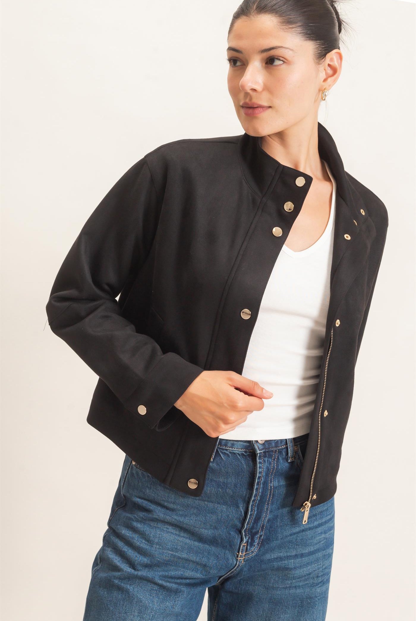 Wholesale Collar Suede Snap Jacket Coats & Jackets HF26E373 BLACK HYFVE