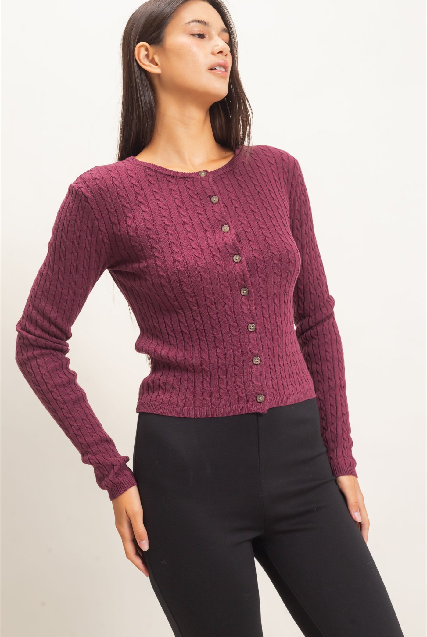 Wholesale Cable Knit Cardigan Cardigans DZ26E256 DARK CHERRY DOUBLE ZERO