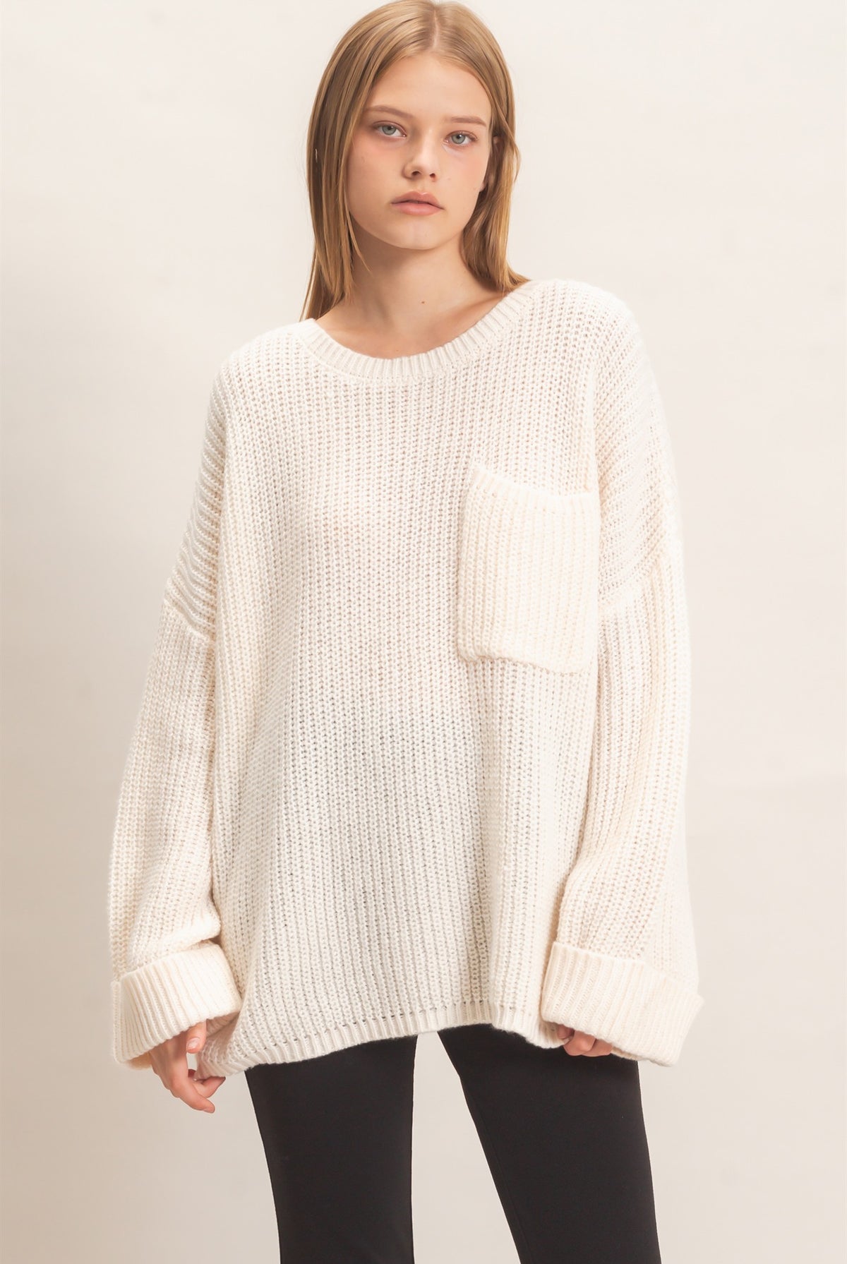 Wholesale Ribbed Knit Patch Pocket Sweater Sweaters HF26F177 OFF WHITE HYFVE