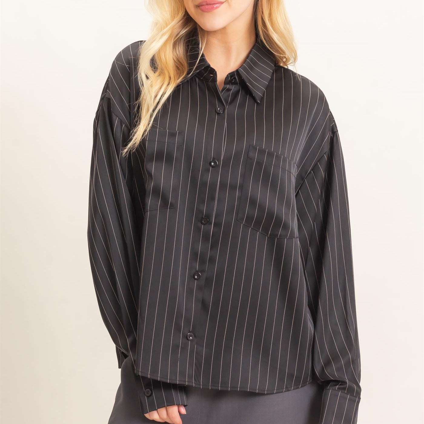 Wholesale Striped Button-Up Blouse Blouses HF26C953 BLACK HYFVE