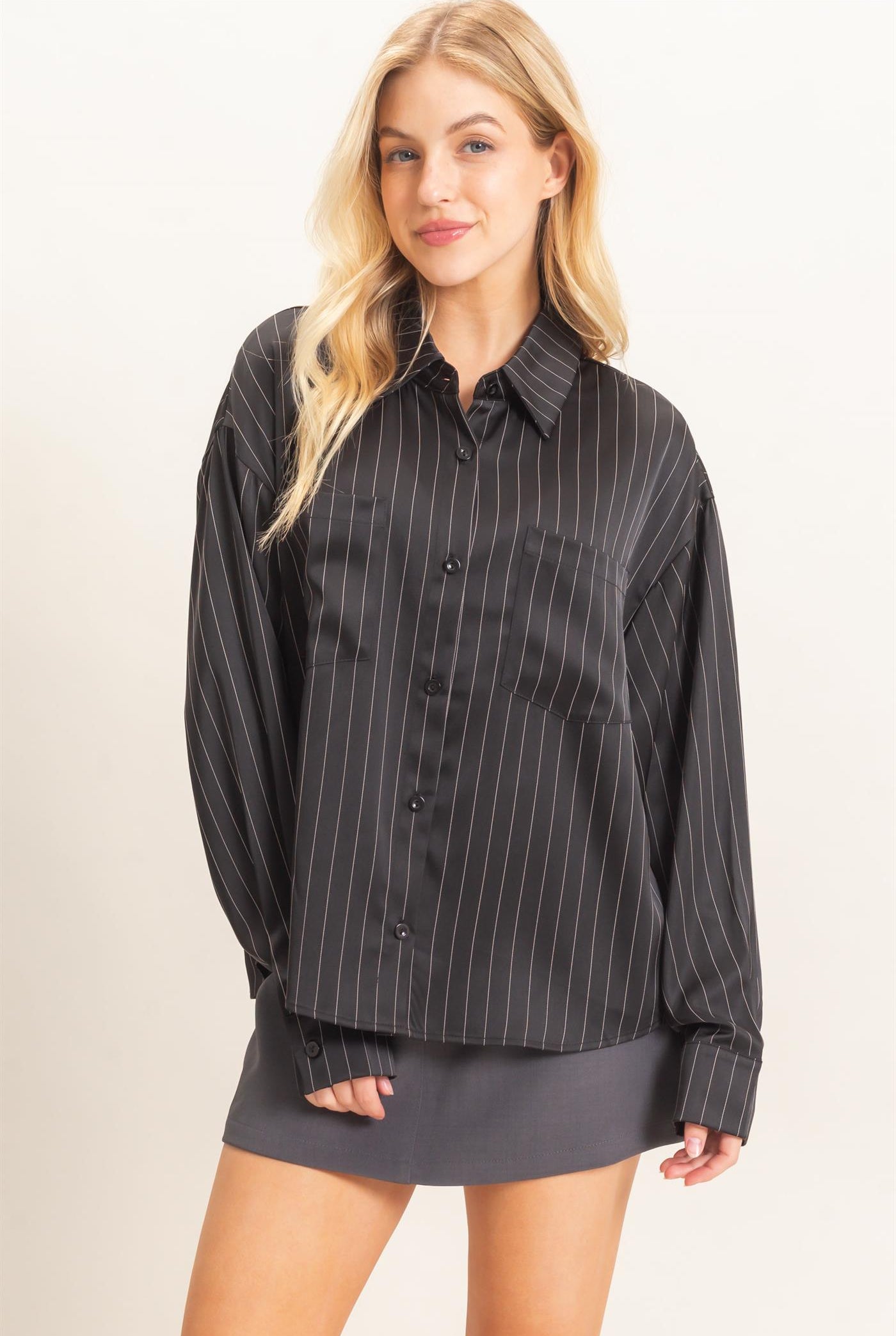 Wholesale Striped Button-Up Blouse Blouses HF26C953 BLACK HYFVE