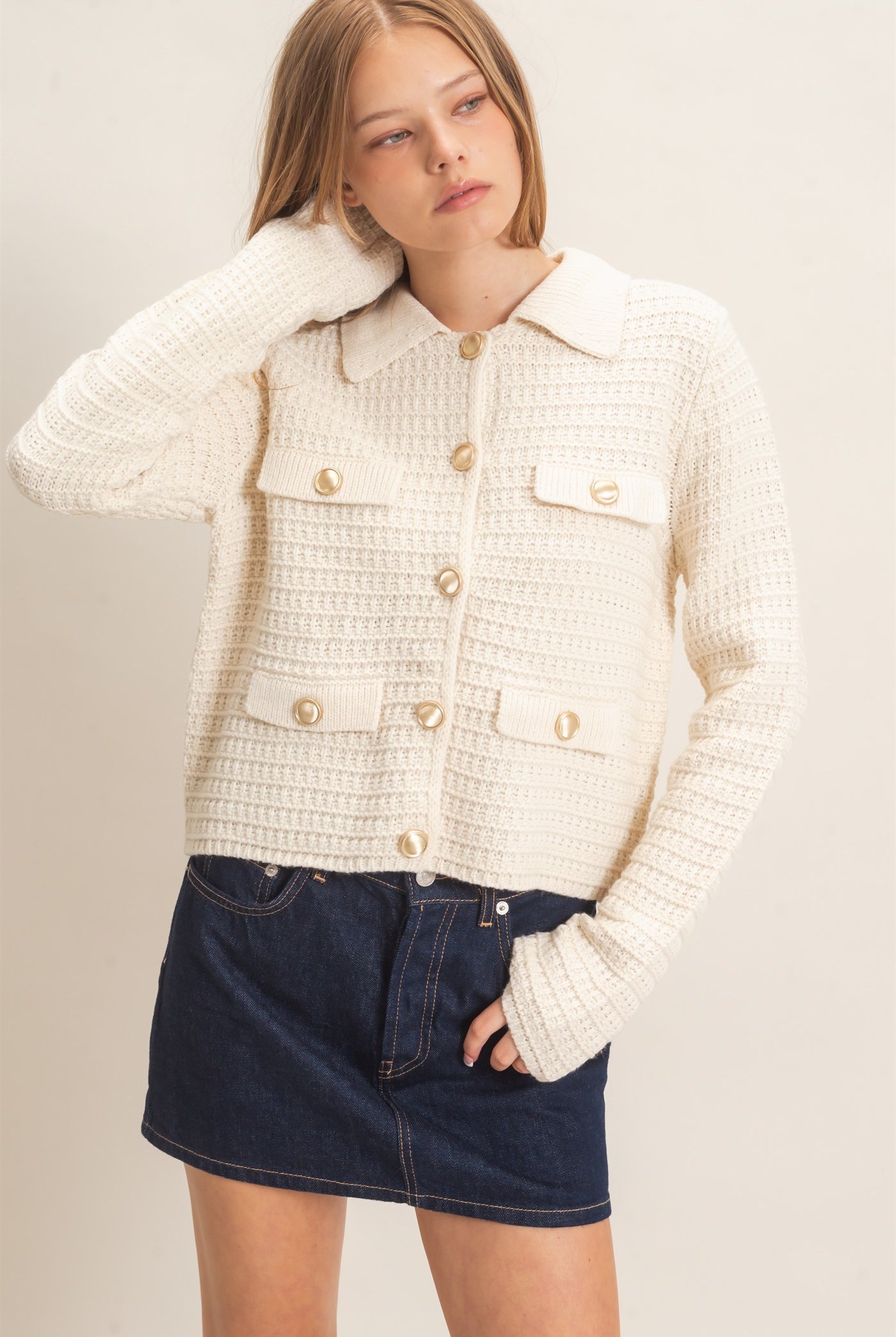 Wholesale Textured Collared Sweater Jacket Cardigans HF26F190 CREAM HYFVE