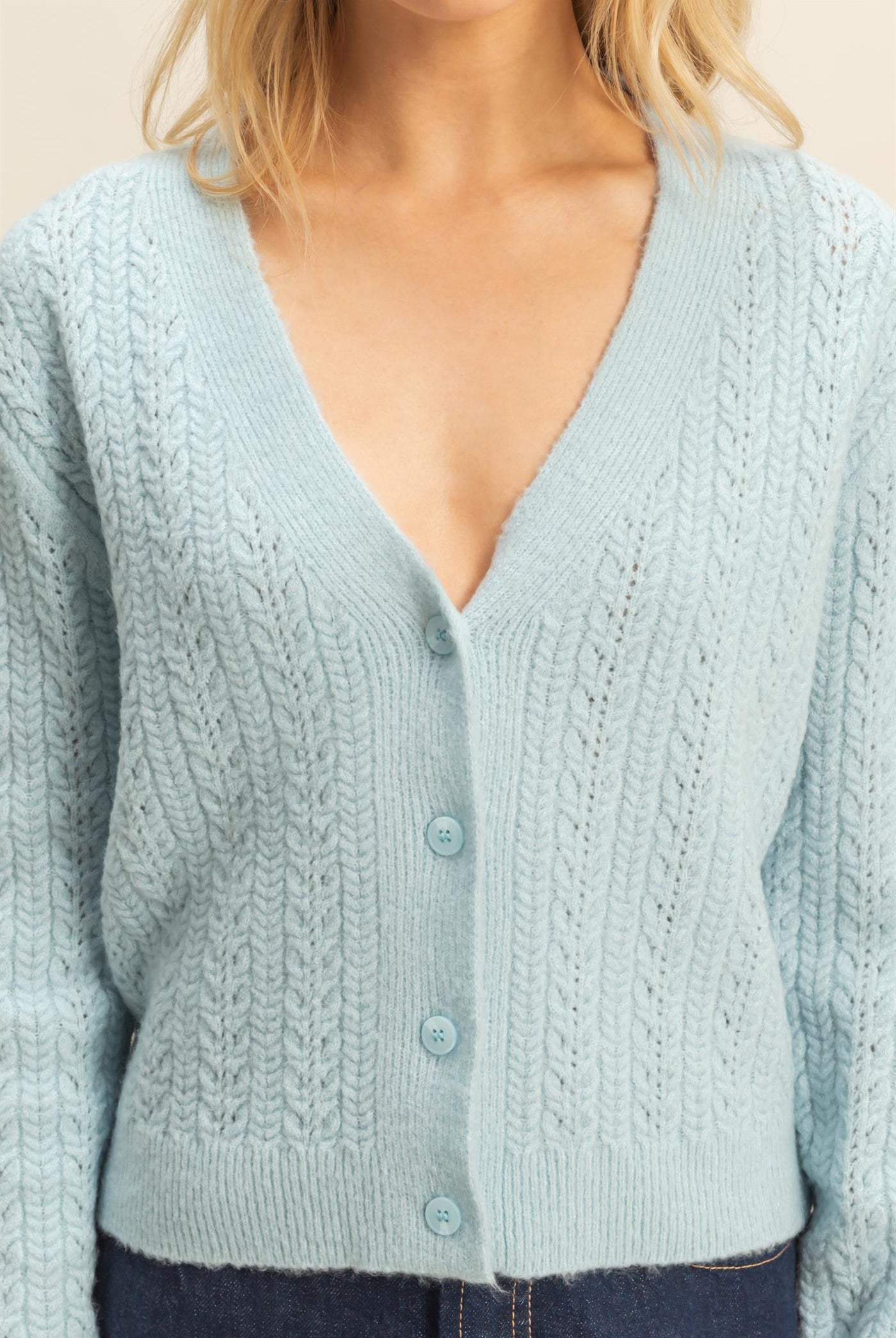 Wholesale Buttoned Cable Knit Sweater Cardigans HF25E396 L.BLUE DOUBLE ZERO