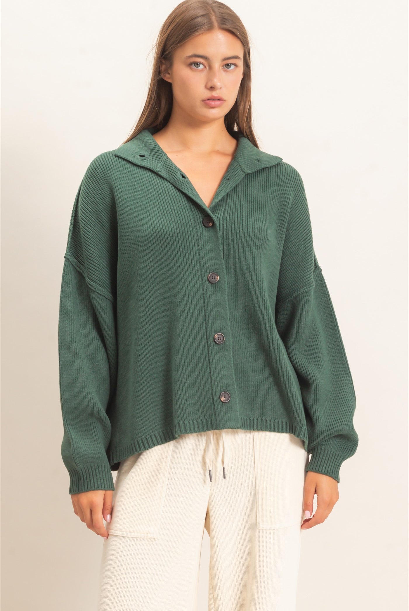 Wholesale High Neck Oversized Cardigan Cardigans DZ26E280 DARK GREEN DOUBLE ZERO