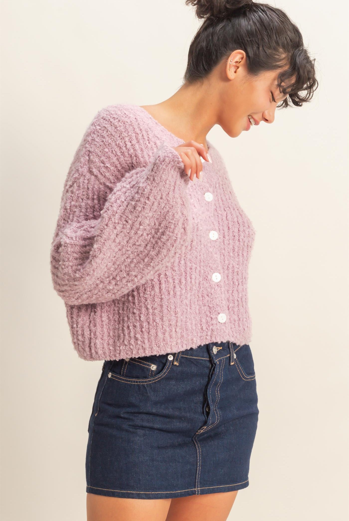 Wholesale Fluffy Knit Button-Up Cardigan Sweater Cardigans DZ25E592 PINK FROST DOUBLE ZERO